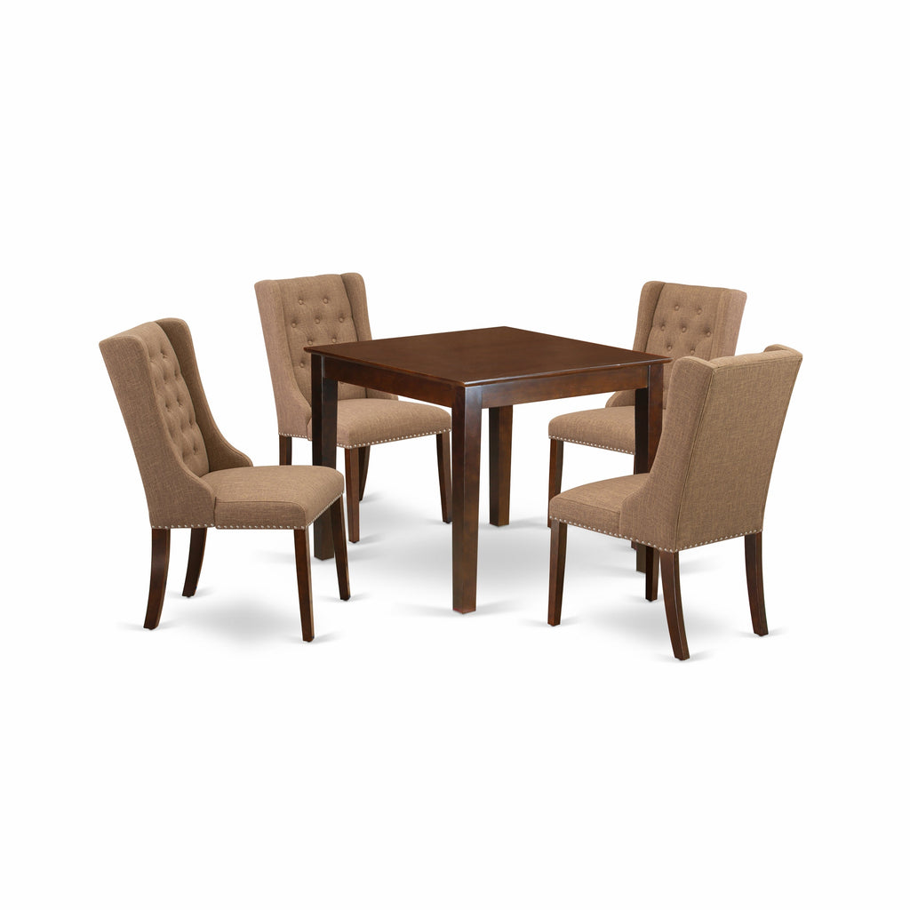 East West Furniture OXFO5-MAH-47 5 Piece Dining Table Set for 4 Includes a Square Kitchen Table and 4 Light Sable Linen Fabric Parsons Dining Chairs