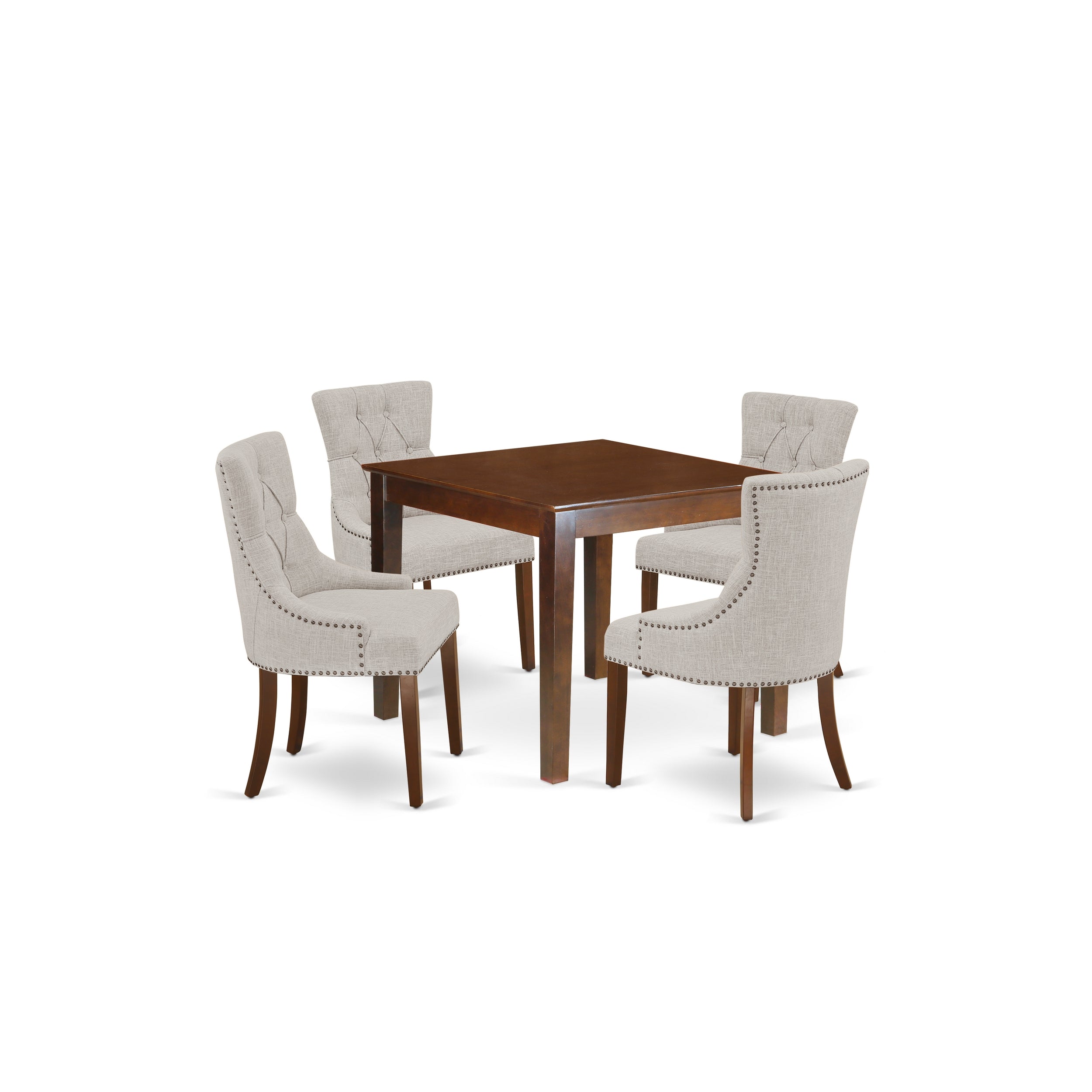 OXFR5-MAH-05 5Pc Dining Set Includes a Square Dinette Table and Four Parson Chairs with Doeskin Fabric, Mahogany Finish