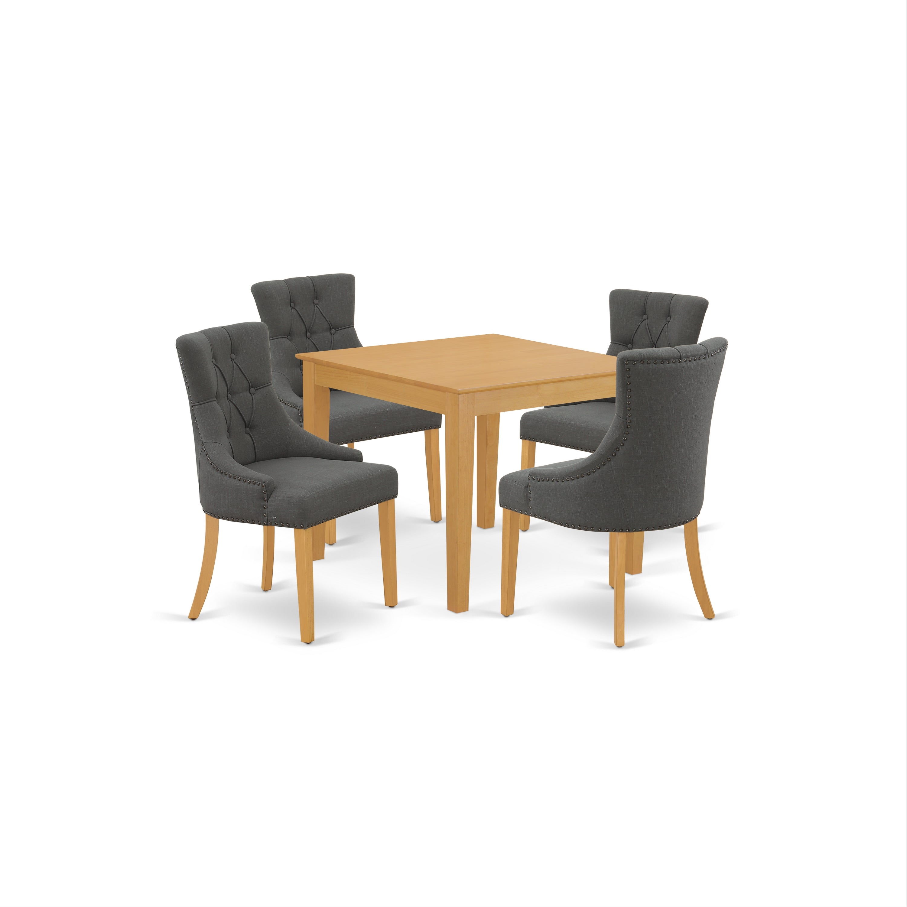 Juego de comedor de 5 piezas East West Furniture OXFR5-OAK-20. Incluye una mesa de comedor cuadrada y 4 sillas tapizadas en tela de lino Gotham oscuro.