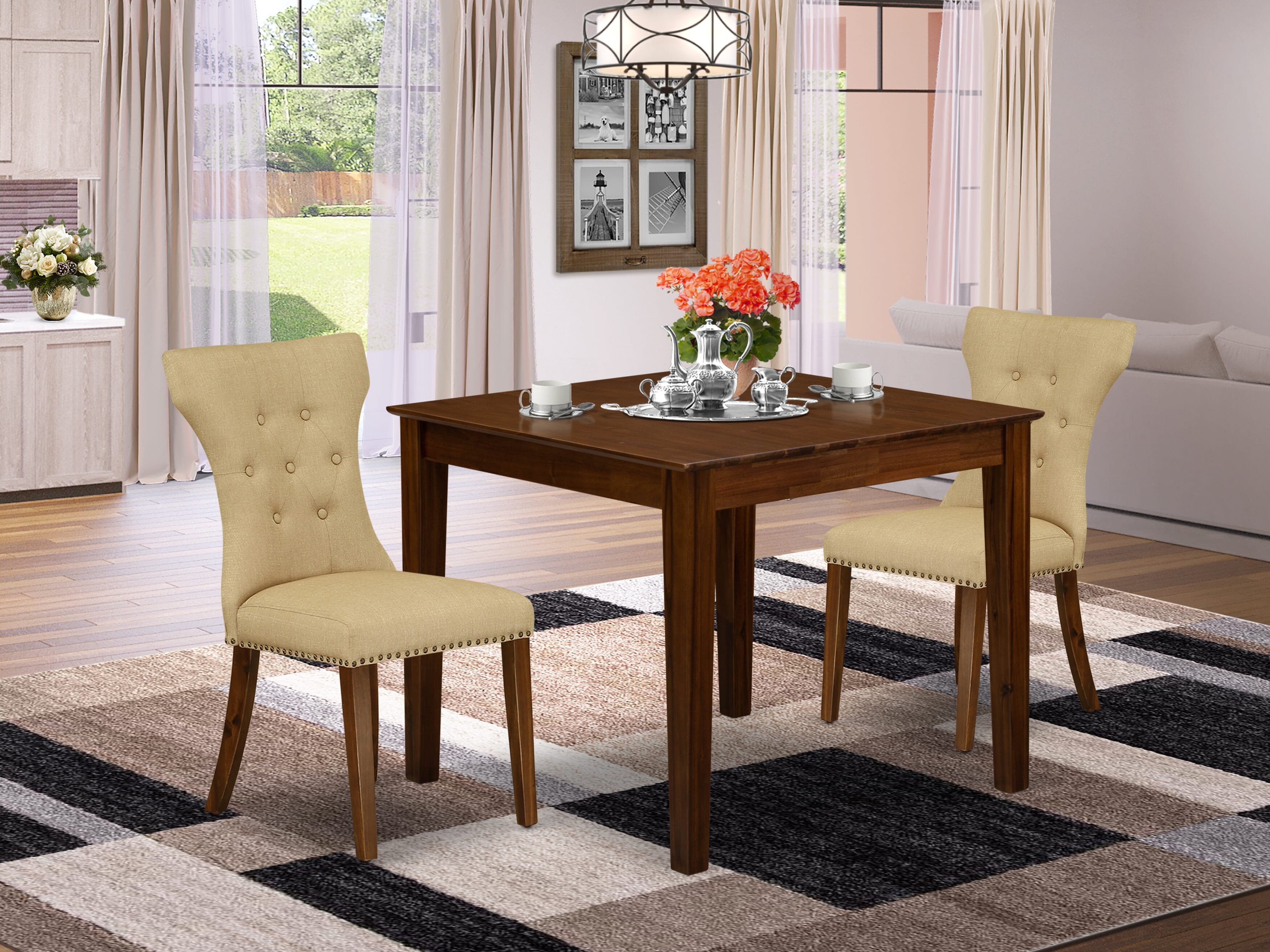 East West Furniture OXGA3-AWA-03 3 Piece Dining Room Table Set Includes a Square Kitchen Table and 2 Upholstered Chairs, 36x36 Inch, Antique Walnut