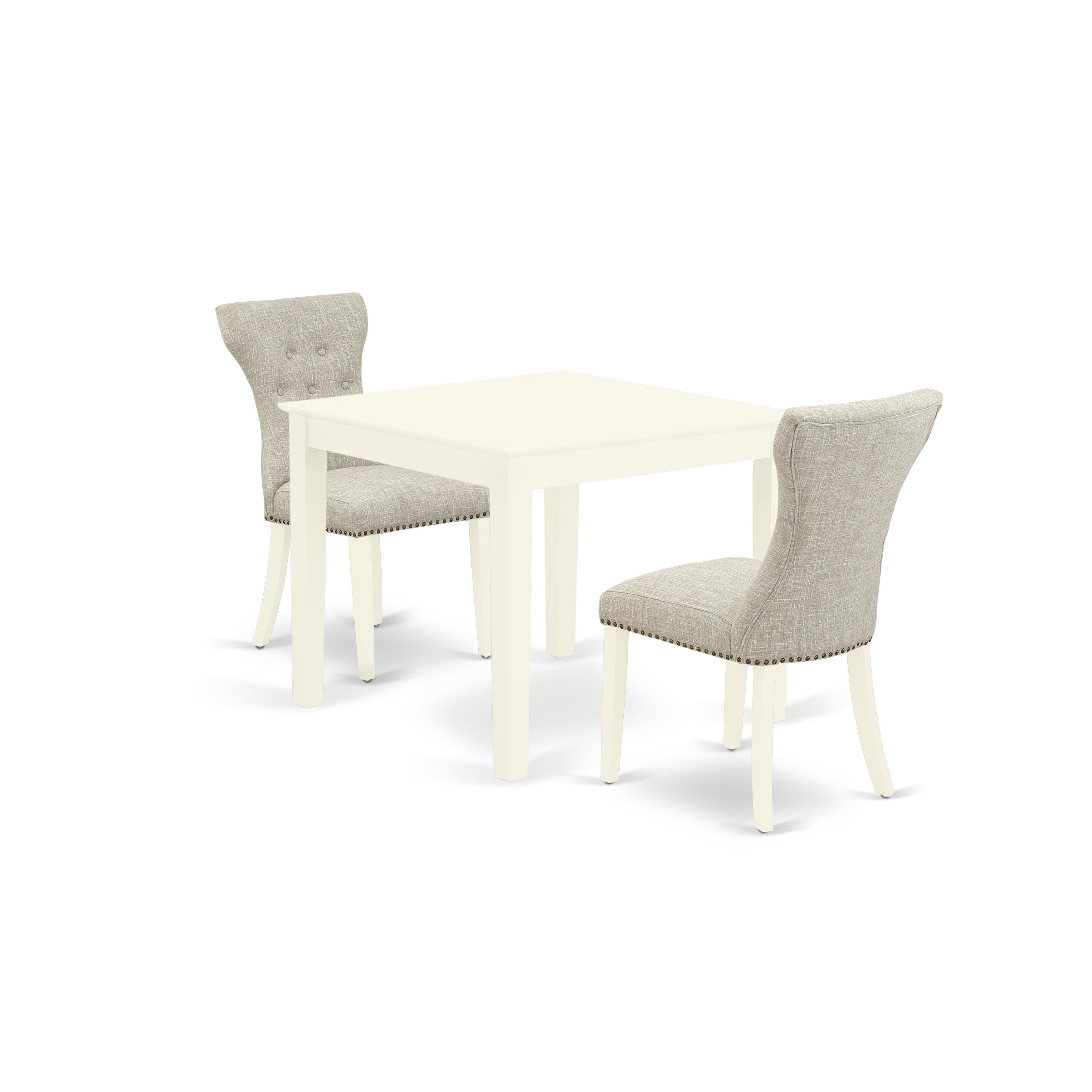 Juego de comedor de 3 piezas East West Furniture OXGA3-LWH-35 que incluye una mesa de comedor cuadrada y dos sillas Parson tapizadas en tela de lino y piel de venado.