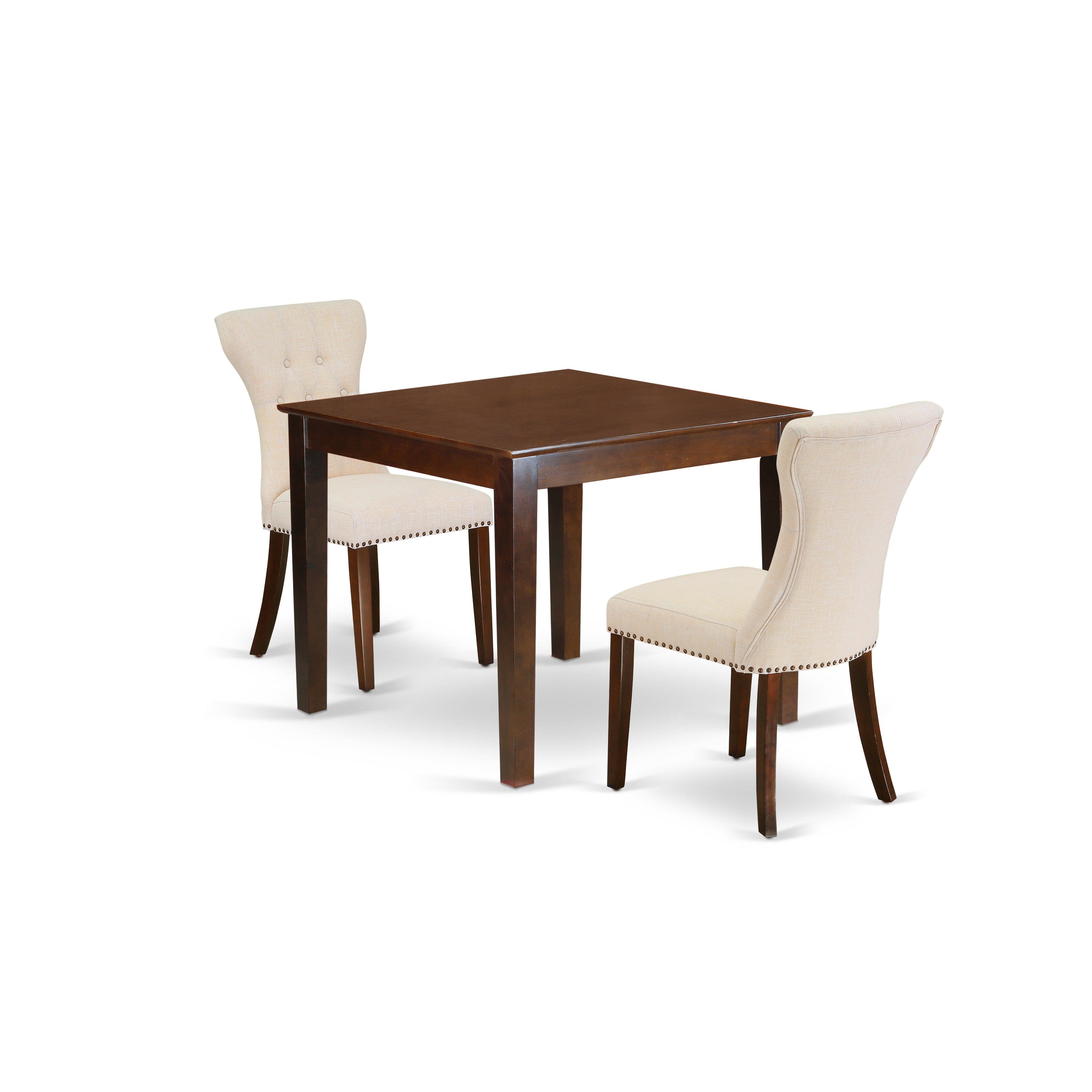 Juego de comedor de 3 piezas East West Furniture OXGA3-MAH-32. Incluye una mesa de comedor cuadrada y dos sillas Parson tapizadas en tela de lino beige claro.
