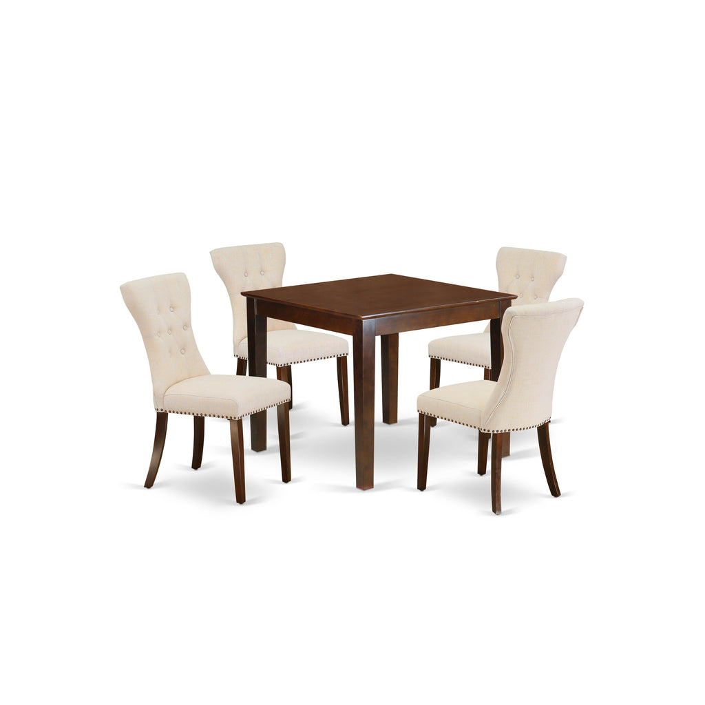 Juego de comedor de 5 piezas East West Furniture OXGA5-MAH-32 para 4 personas. Incluye una mesa de comedor cuadrada y 4 sillas de comedor Parson de tela de lino beige claro.