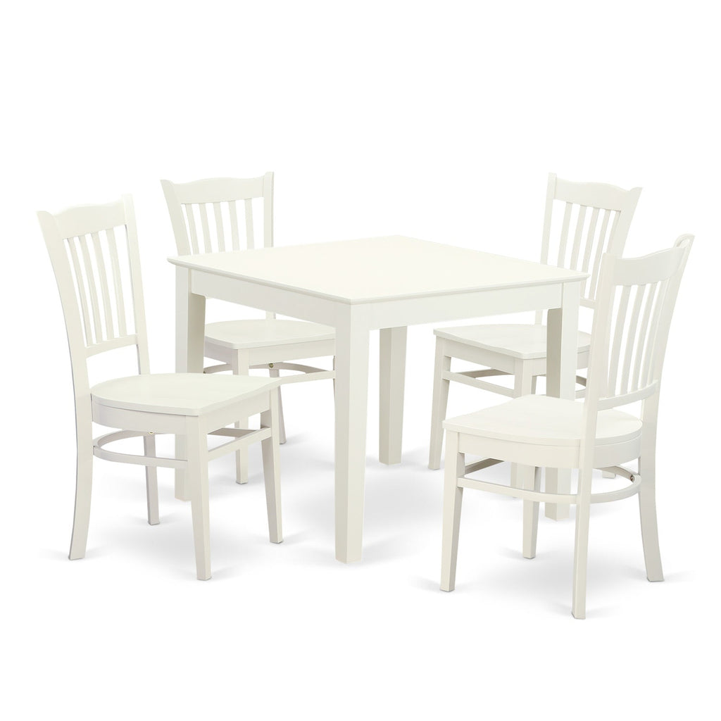 East West Furniture OXGR5-LWH-W 5 Piece Dining Room Furniture Set Includes a Square Kitchen Table and 4 Dining Chairs, 36x36 Inch, Linen White