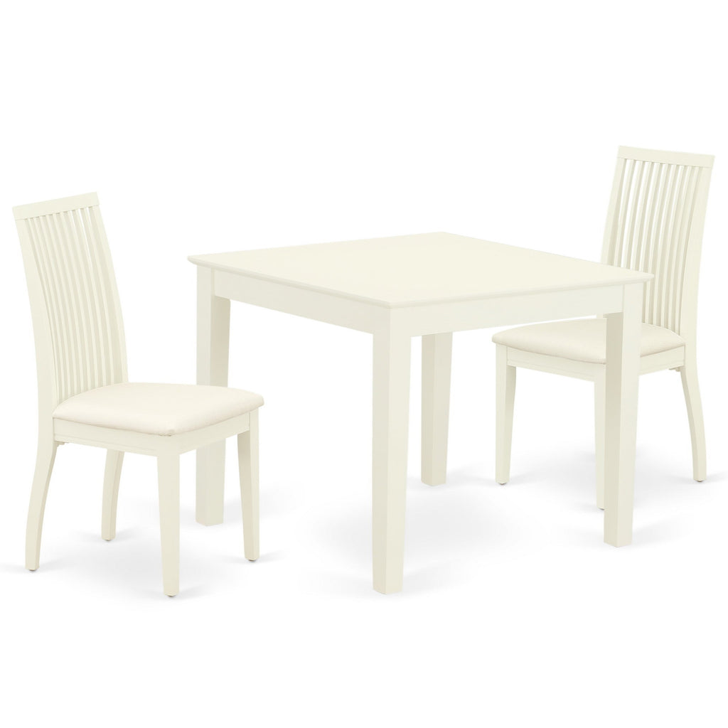 East West Furniture OXIP3-LWH-C 3 Piece Kitchen Table Set for Small Spaces Contains a Square Dining Room Table and 2 Linen Fabric Upholstered Dining Chairs