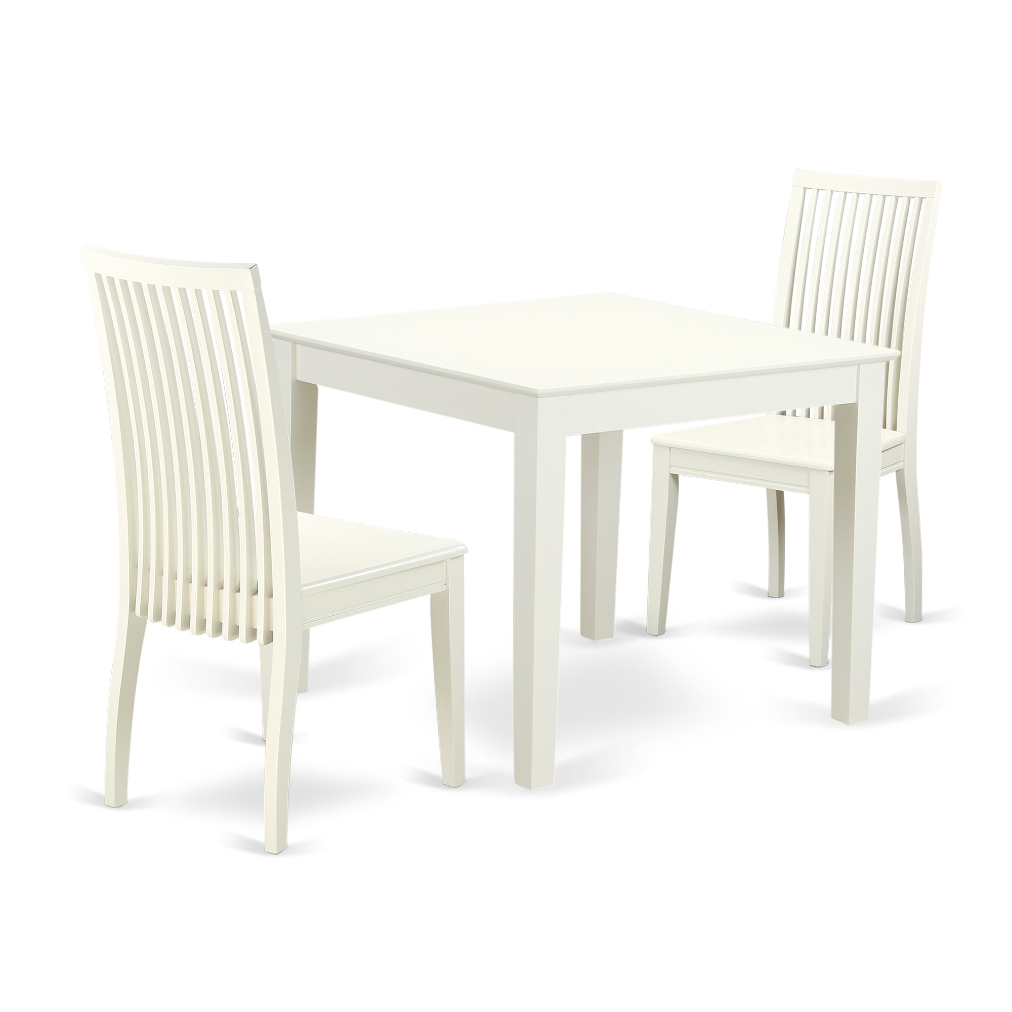 Juego de comedor de 3 piezas East West Furniture OXIP3-LWH-W para espacios pequeños. Contiene una mesa de comedor cuadrada y 2 sillas de comedor.