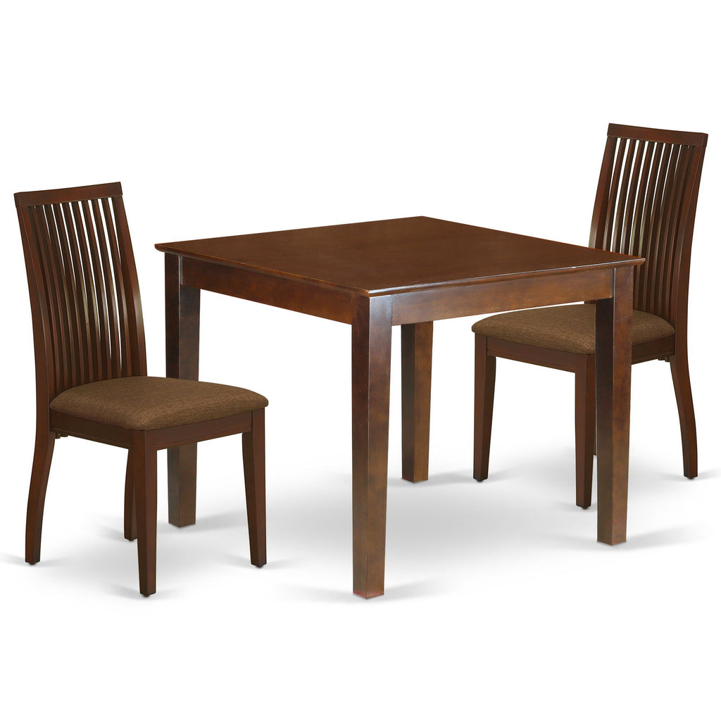 East West Furniture OXIP3-MAH-C 3 Piece Dining Room Table Set  Contains a Square Kitchen Table and 2 Linen Fabric Upholstered Dining Chairs