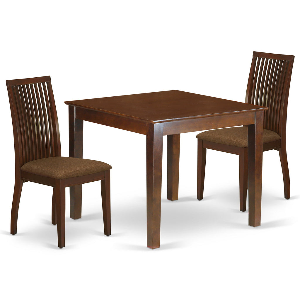 East West Furniture OXIP3-MAH-C 3 Piece Dining Room Table Set  Contains a Square Kitchen Table and 2 Linen Fabric Upholstered Dining Chairs, 36x36 Inch, Mahogany