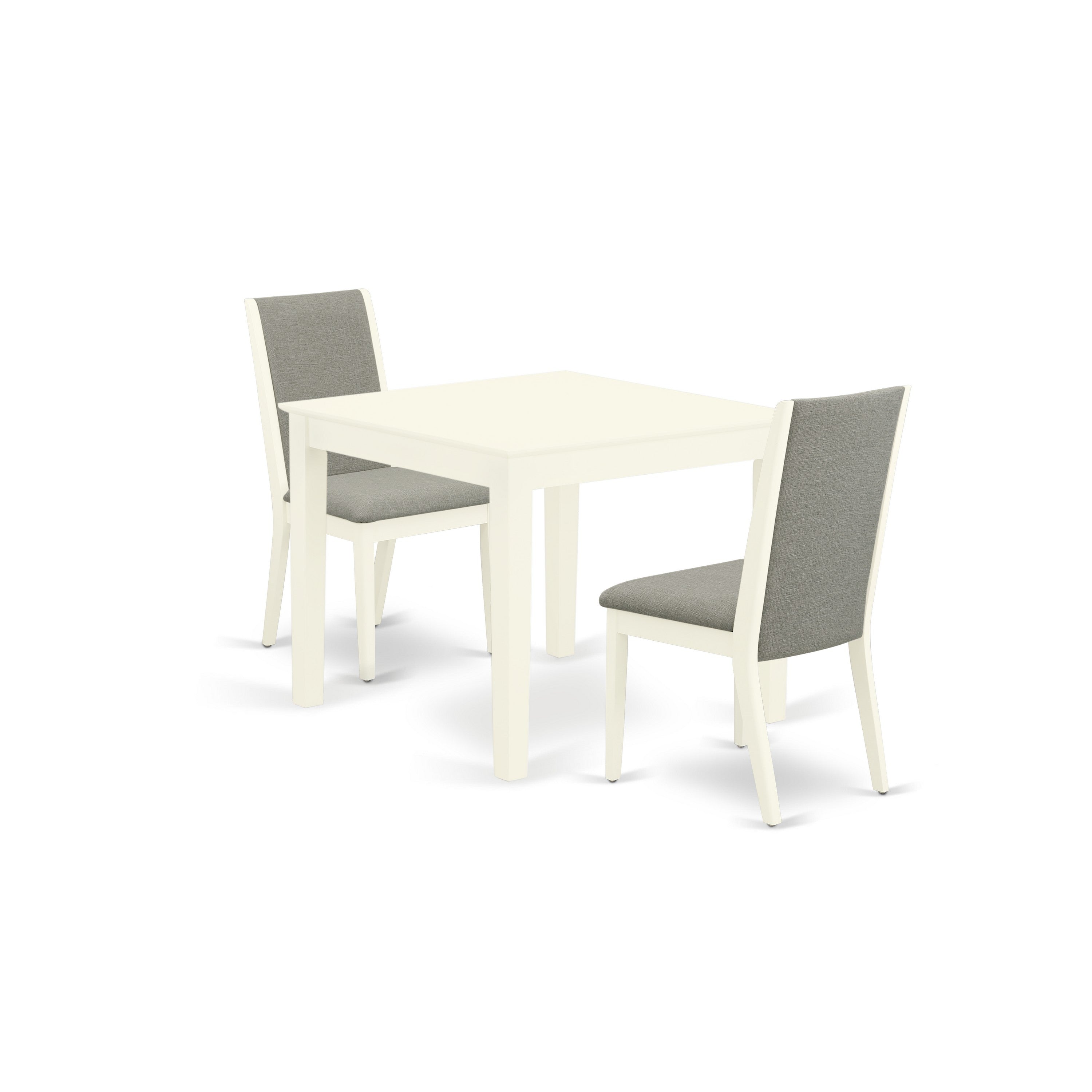 East West Furniture OXLA3-LWH-06 3-Pc Table and Chairs Dining Set Included a Rectangular Wood Dining Table & 2 Fabric Kitchen Chairs, Shitake Linen Fabric Parson Chairs Seat with Rubber Wood Legs, Linen White Finish