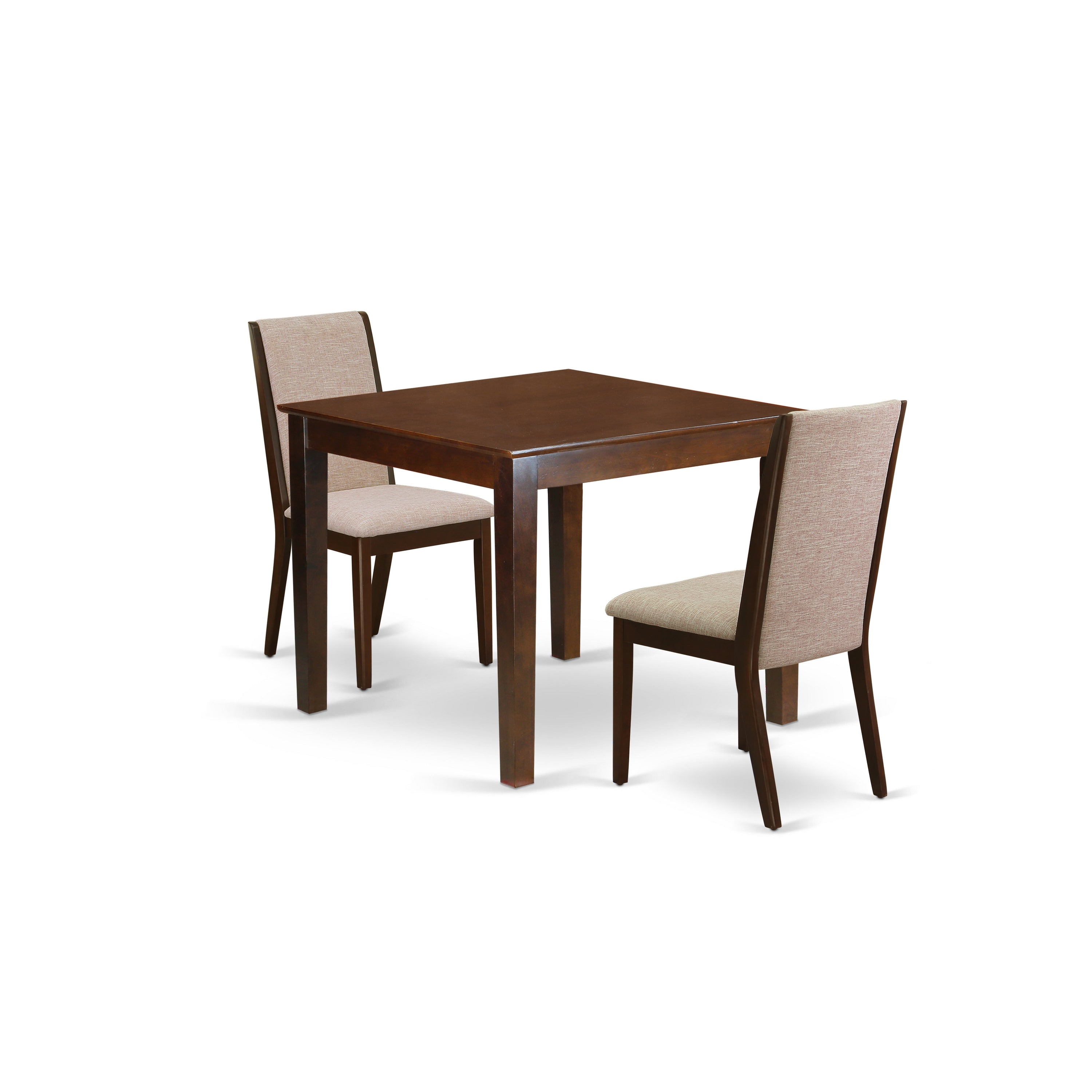 East West Furniture OXLA3-MAH-04 3-Piece Mid Century Dining Table Set Included a Rectangular Wood Kitchen Table & 2 Parsons Chairs, Light Tan Linen Fabric Parsons Dining Chairs Seat with Rubber Wood Legs, Mahogany Finish