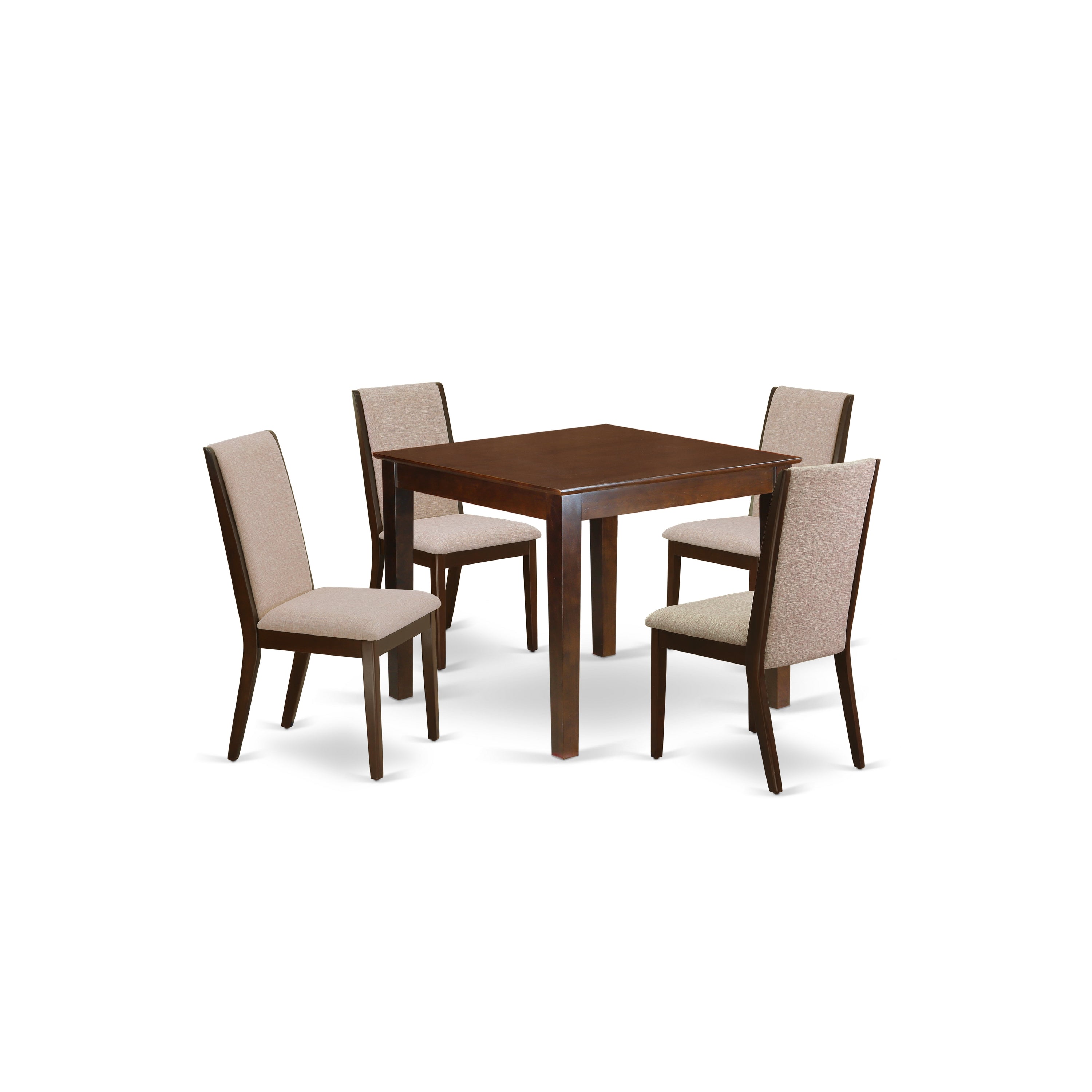 Juego de comedor de 5 piezas East West Furniture OXLA5-MAH-04 para 4 personas. Incluye una mesa de comedor cuadrada y 4 sillas Parson tapizadas en tela de lino color tostado claro.