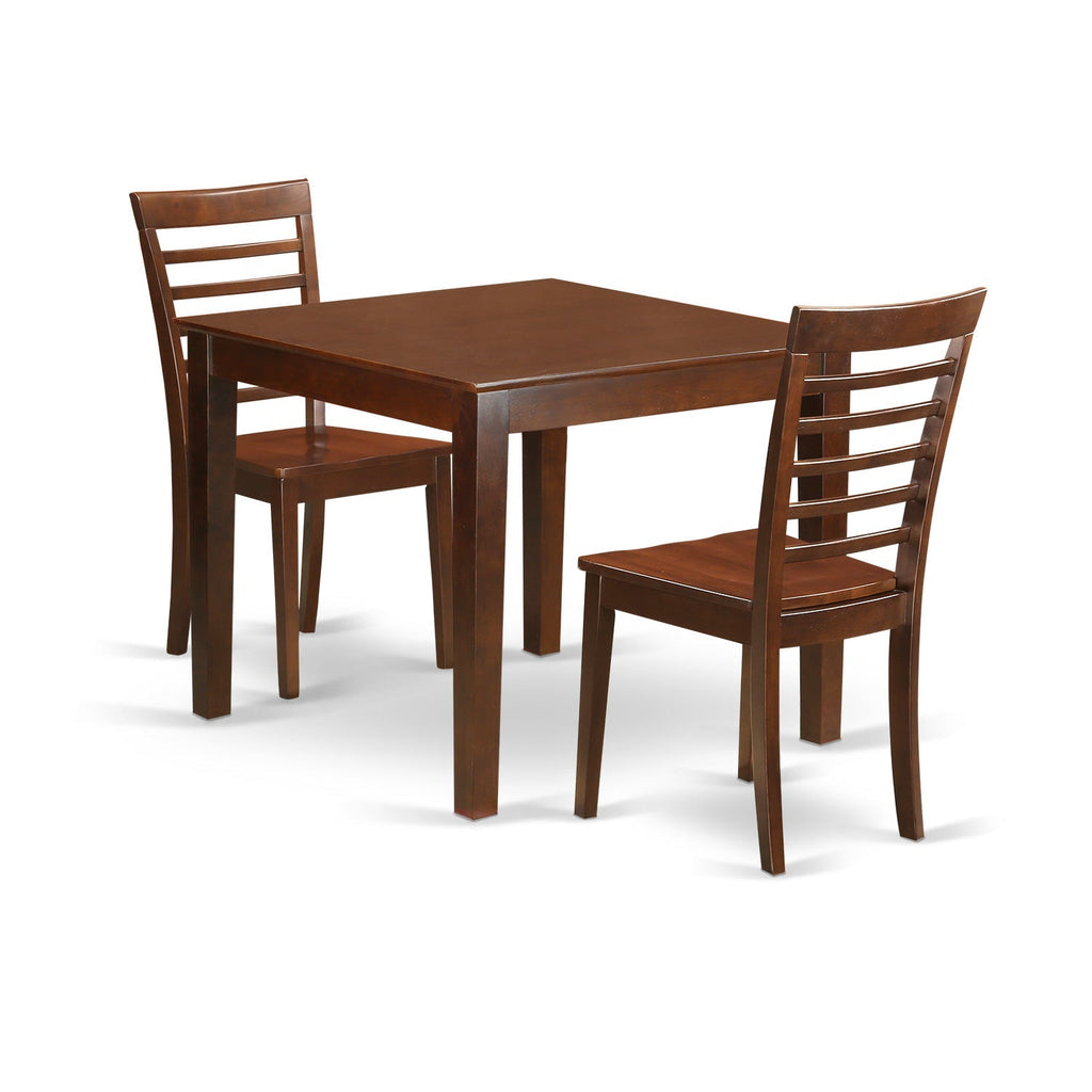 Juego de mesa de comedor moderna de 3 piezas East West Furniture OXML3-MAH-W que incluye una mesa cuadrada de madera y 2 sillas de comedor.