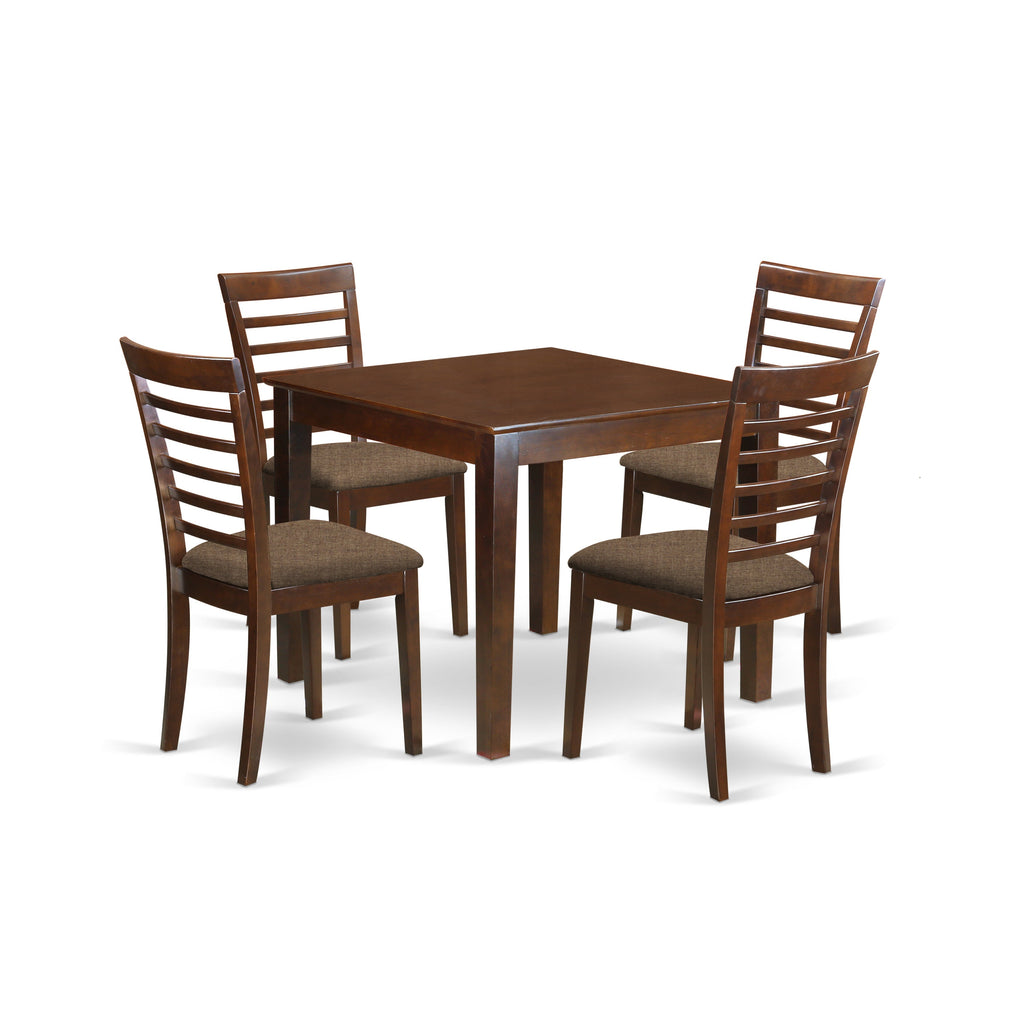 Juego de mesa de comedor de 5 piezas East West Furniture OXML5-MAH-C para 4 personas. Incluye una mesa de cocina cuadrada y 4 sillas de comedor de tela de lino.