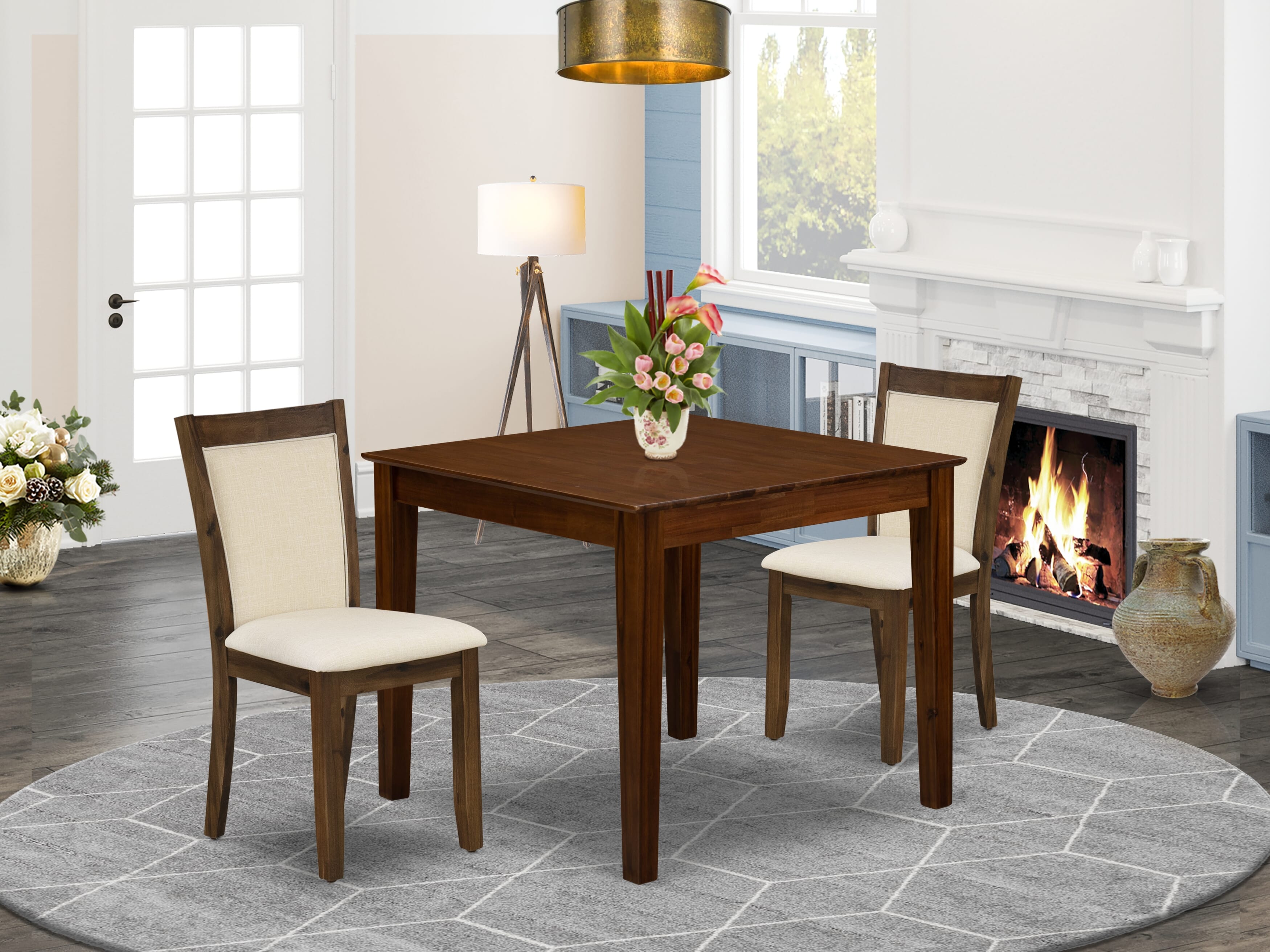 East West Furniture OXMZ3-AWA-32 3 Piece Dining Room Table Set Contains a Square Kitchen Dining Table and 2 Upholstered Chairs, 36x36 Inch, Antique Walnut