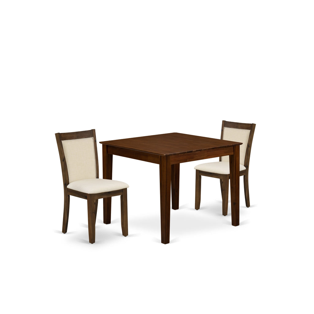 East West Furniture OXMZ3-AWA-32 3 Piece Dining Room Table Set  Contains a Square Kitchen Dining Table and 2 Upholstered Chairs, 36x36 Inch, Antique Walnut