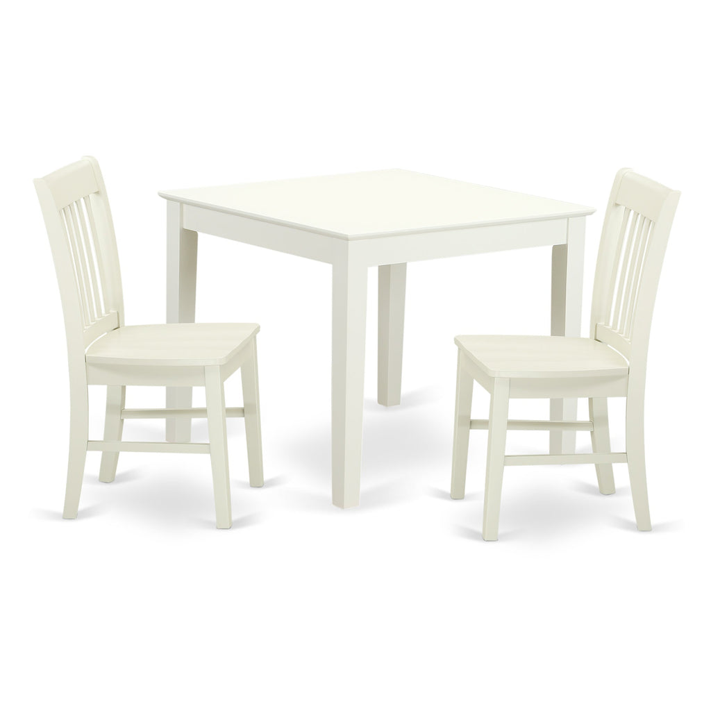 Juego de muebles de comedor de 3 piezas East West Furniture OXNO3-LWH-W que incluye una mesa de cocina cuadrada y 2 sillas de comedor.