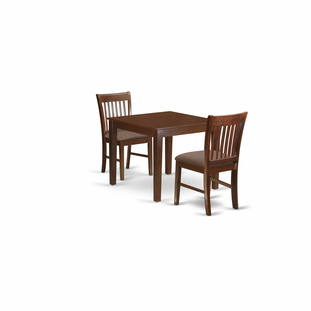 East West Furniture OXNO3-MAH-C 3 Piece Dining Room Table Set  Contains a Square Kitchen Table and 2 Linen Fabric Upholstered Dining Chairs