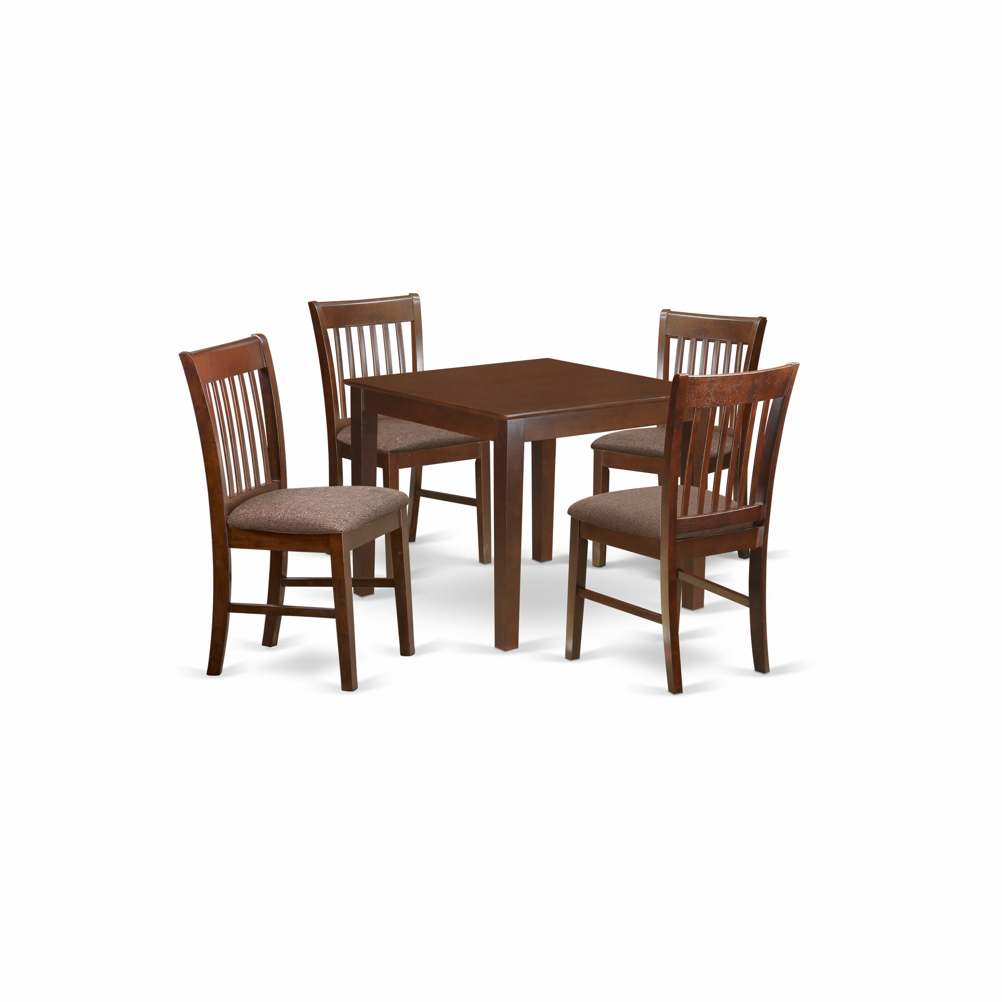 Juego de comedor de 5 piezas East West Furniture OXNO5-MAH-C. Incluye una mesa cuadrada de madera maciza y 4 sillas de cocina de tela de lino.