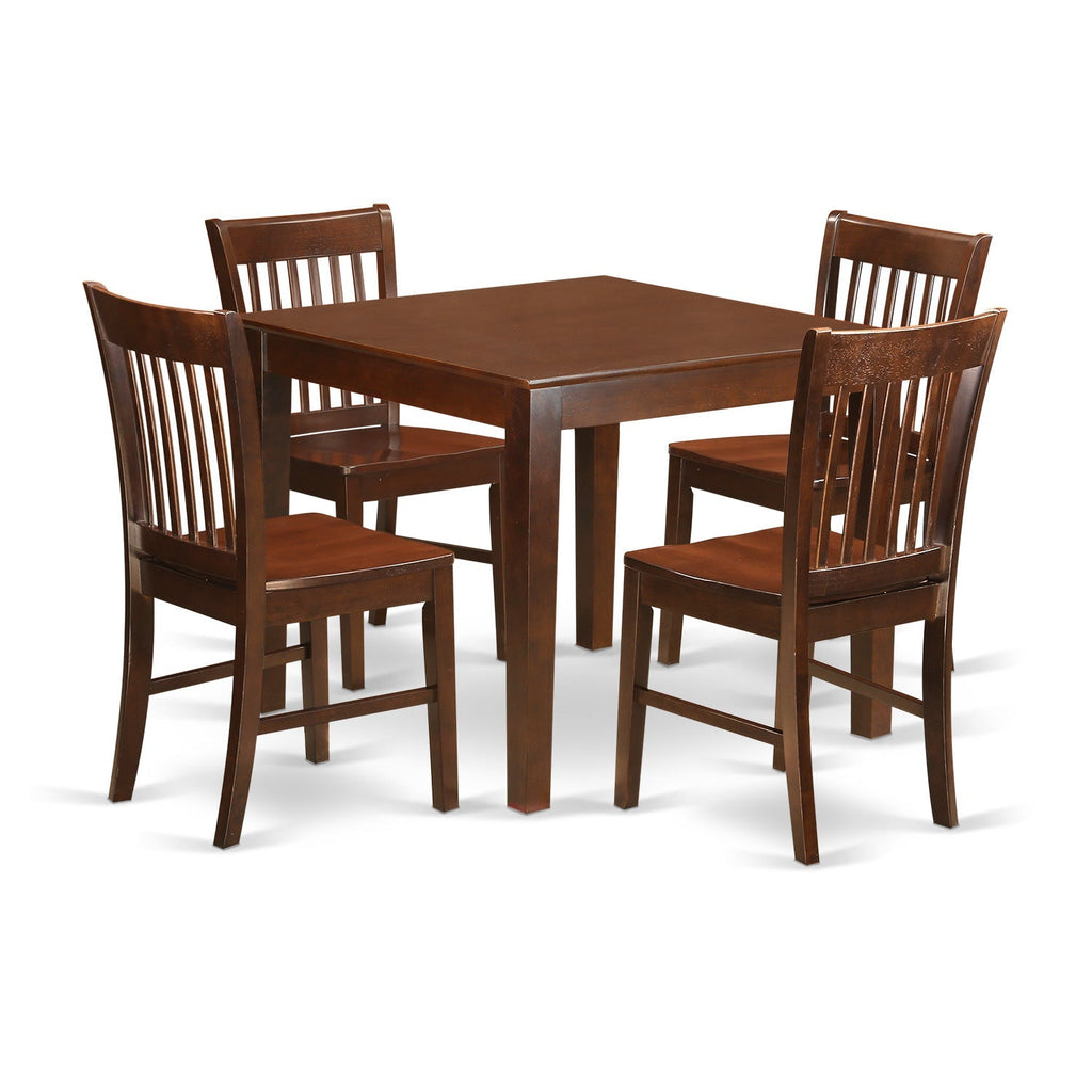Juego de comedor de 5 piezas East West Furniture OXNO5-MAH-W. Incluye una mesa de comedor cuadrada y 4 sillas de comedor de cocina.