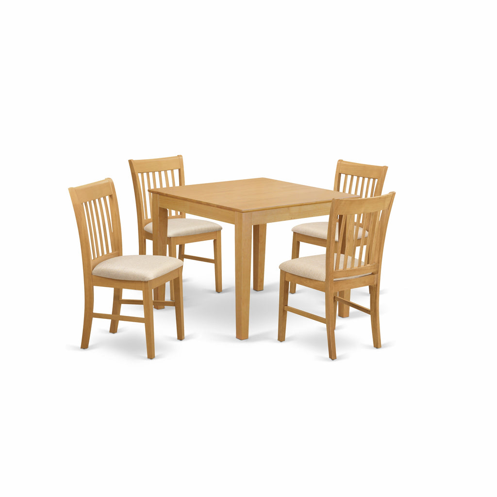 East West Furniture OXNO5-OAK-C 5 Piece Dinette Set for 4 Includes a Square Dining Room Table and 4 Linen Fabric Upholstered Dining Chairs