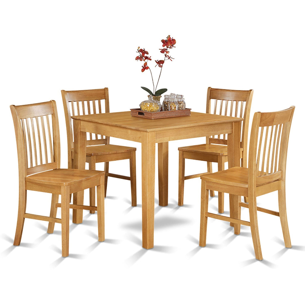 Juego de mesa de comedor de 5 piezas East West Furniture OXNO5-OAK-W Incluye una mesa de cocina cuadrada y 4 sillas de comedor