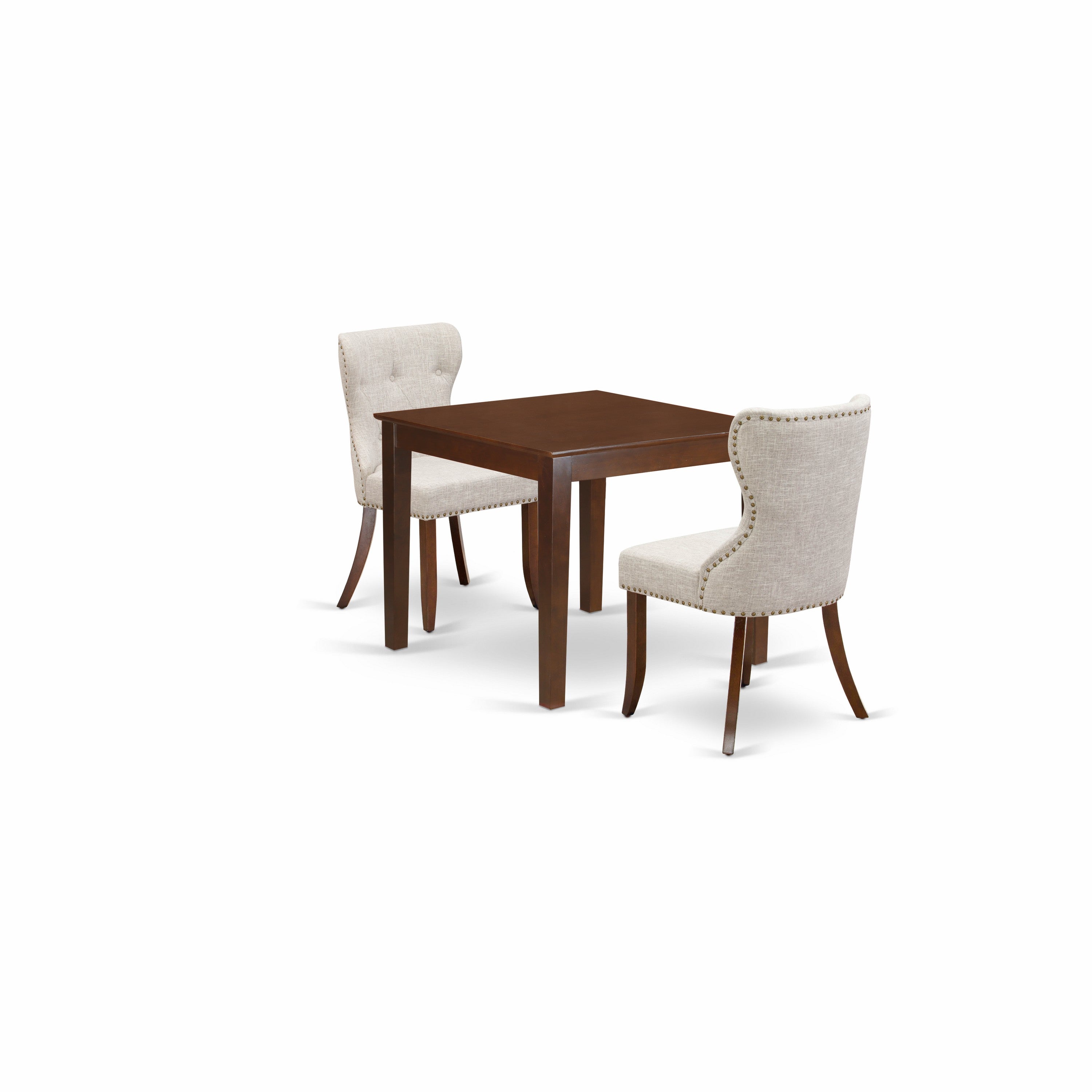 Juego de comedor de 3 piezas East West Furniture OXSI3-MAH-35. Incluye una mesa de comedor cuadrada y dos sillas tapizadas en tela de lino y piel de venado.