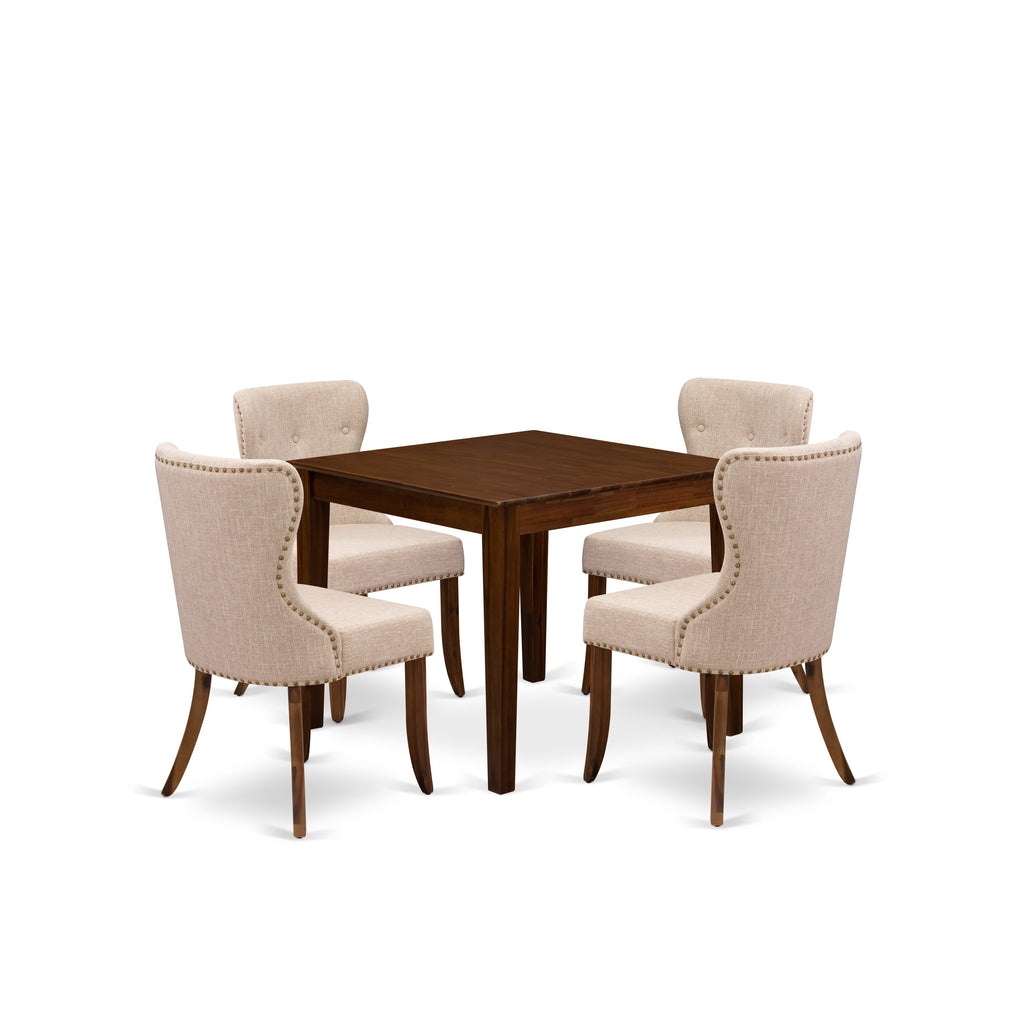 East West Furniture OXSI5-AWA-04 5 Piece Dinette Set for Small Spaces Contains a Square Modern Dining Table and 4 Upholstered Parson Chairs, 36x36 Inch, Antique Walnut