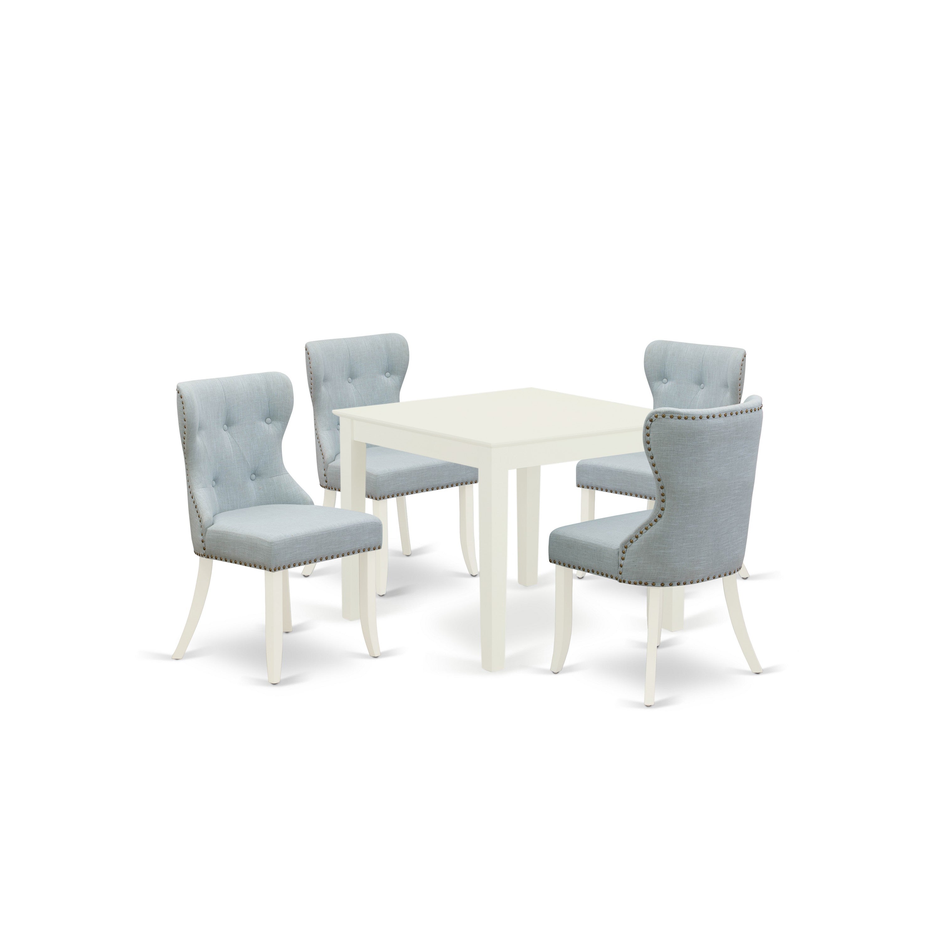 Juego de mesa de comedor de 5 piezas East West Furniture OXSI5-LWH-15 para 4 personas. Incluye una mesa de cocina cuadrada y 4 sillas Parson tapizadas en tela de lino azul bebé.