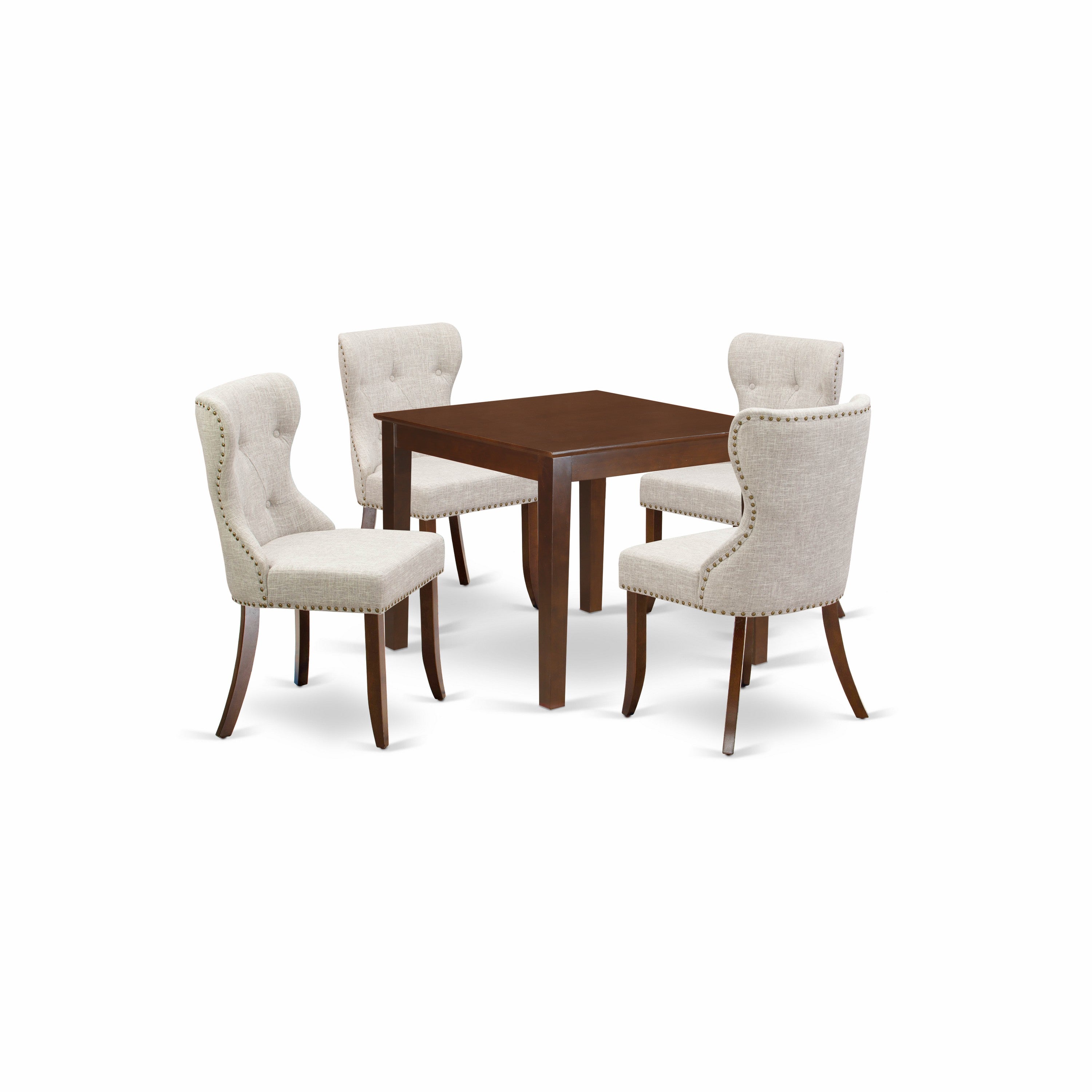 Juego de mesa y sillas de cocina de 5 piezas OXSI5-MAH-35 de East West Furniture. Incluye una mesa de comedor cuadrada y 4 sillas de comedor Parson de tela de lino y piel de venado.