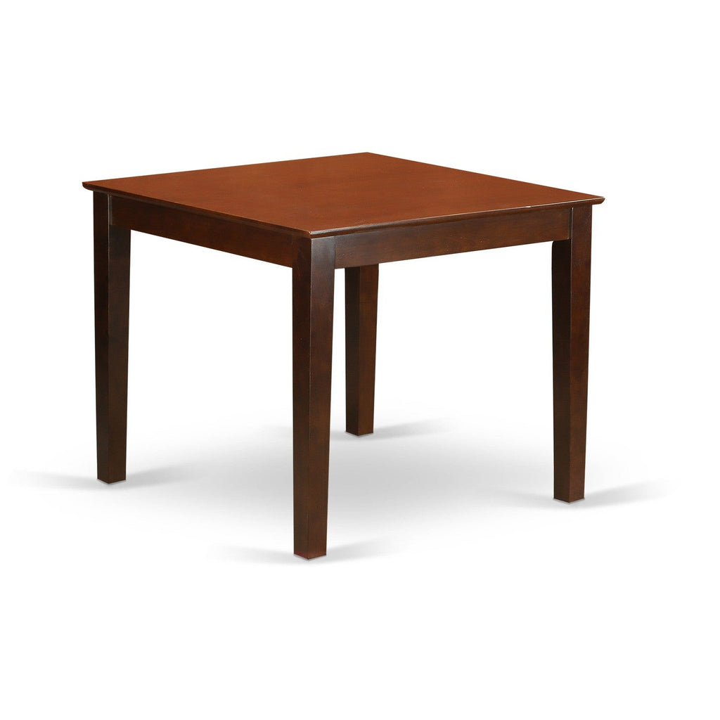 Juego de comedor de 5 piezas East West Furniture OXAB5-MAH-18. Incluye una mesa de comedor cuadrada y 4 sillas Parson tapizadas en tela de lino color café.