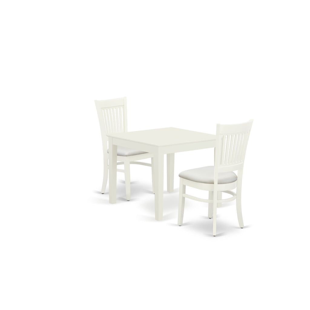 East West Furniture OXVA3-LWH-C 3 Piece Dining Room Furniture Set Contains a Square Kitchen Table and 2 Linen Fabric Upholstered Dining Chairs