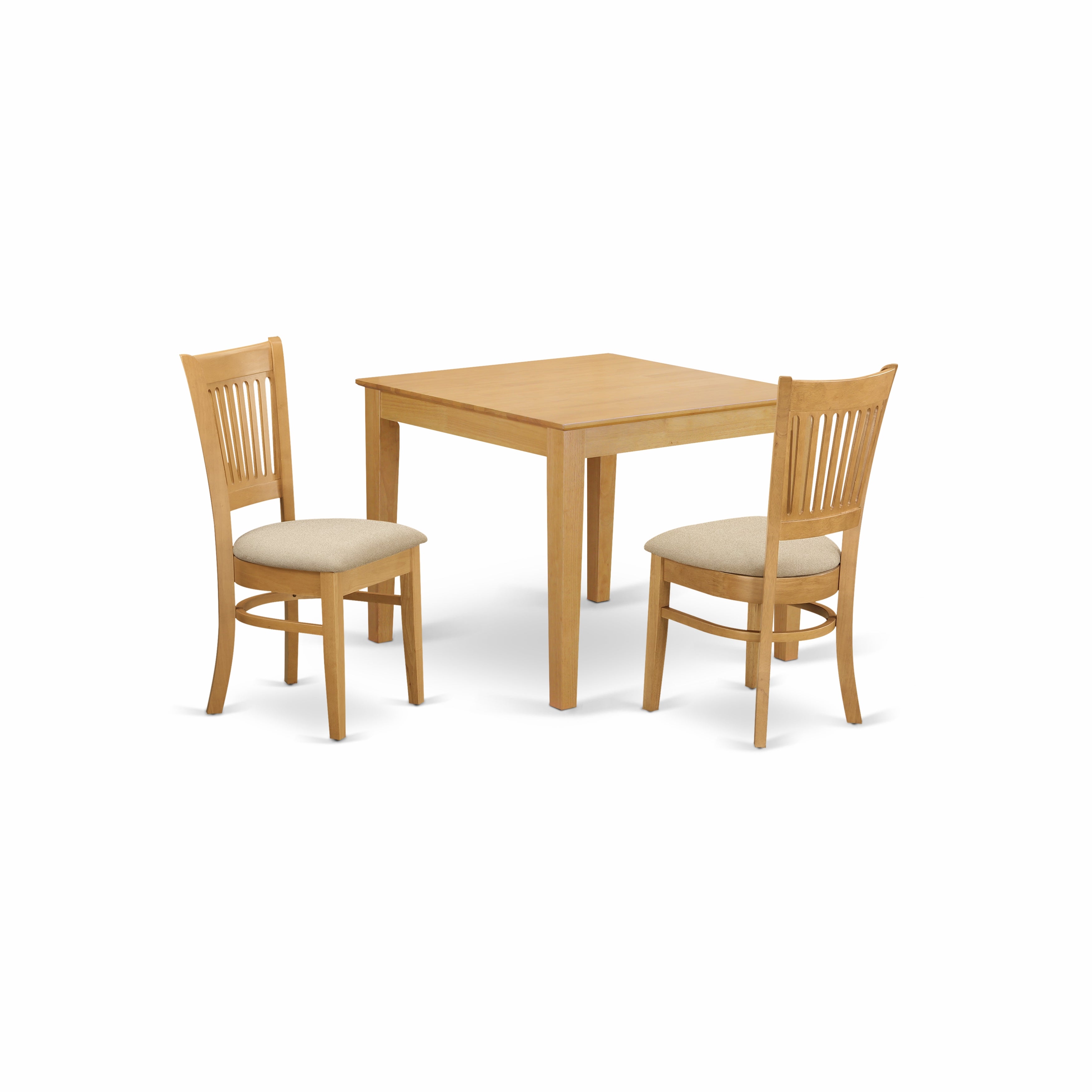 Juego de mesa de comedor de 3 piezas OXVA3-OAK-C de East West Furniture. Contiene una mesa de cocina cuadrada y 2 sillas de comedor tapizadas en tela de lino.