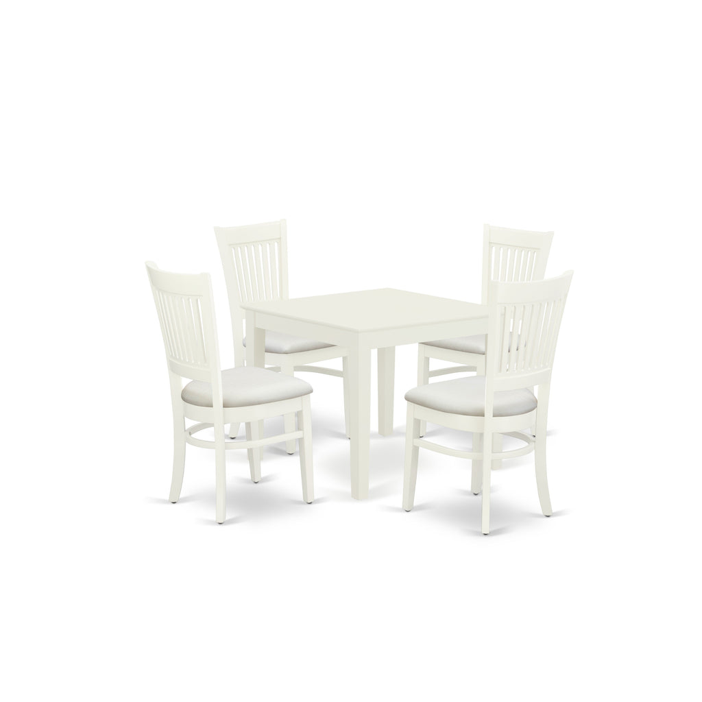 East West Furniture OXVA5-LWH-C 5 Piece Dining Room Table Set Includes a Square Wooden Table and 4 Linen Fabric Kitchen Dining Chairs, 36x36 Inch, Linen White