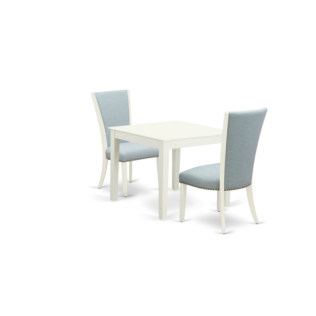 East West Furniture OXVE3-LWH-15 3 Piece Dining Table Set for Small Spaces Contains a Square Dining Room Table and 2 Baby Blue Linen Fabric Parsons Chairs, 36x36 Inch, Linen White