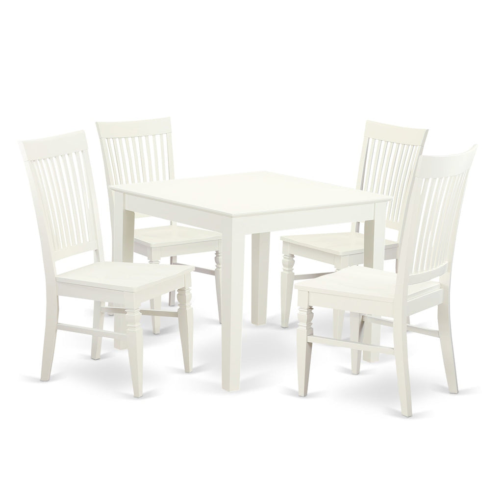 East West Furniture OXWE5-LWH-W 5 Piece Dining Room Table Set Includes a Square Kitchen Table and 4 Dining Chairs