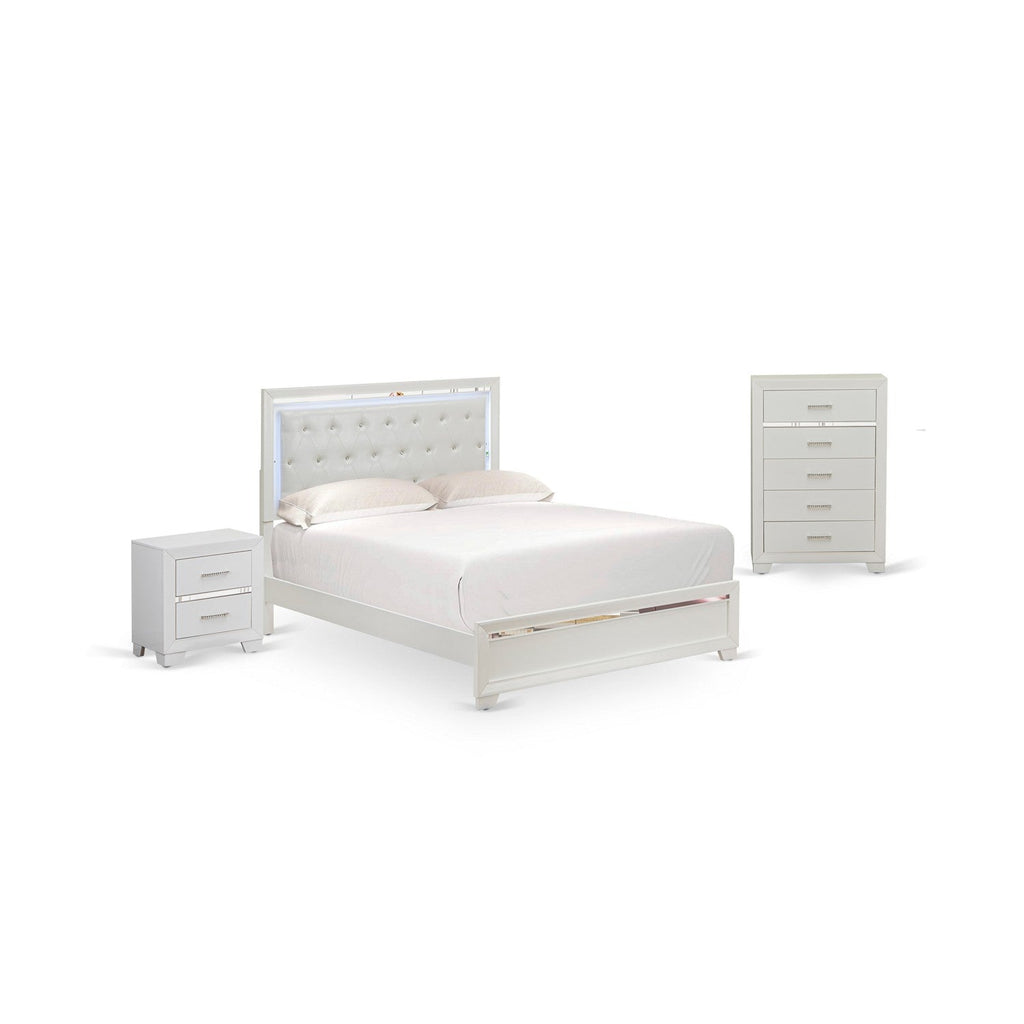 East West Furniture PA05-Q1NC00 Pandora 3-Piece Queen Bedroom Set With a Queen Size Bed 1 Mid Century Nightstand and a Chest Drawers - White Finish