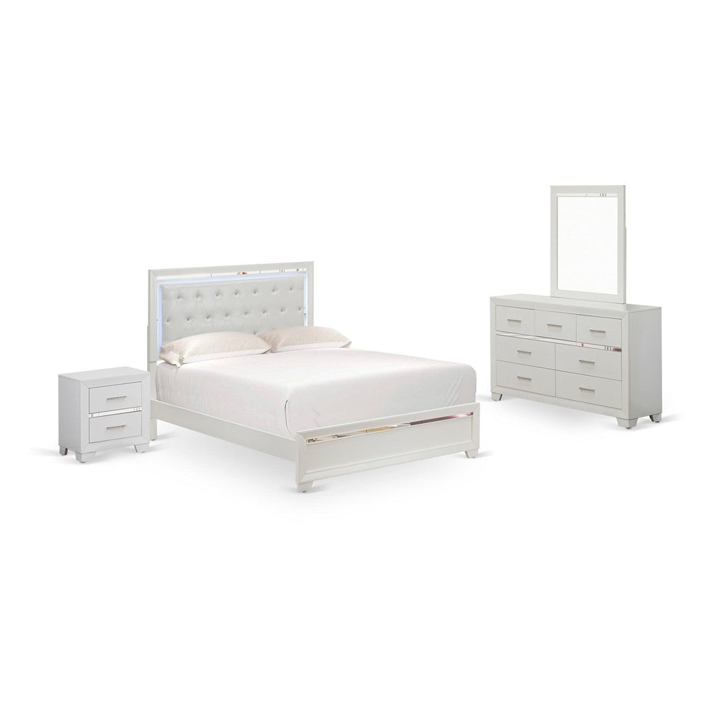 East West Furniture PA05-Q1NDM0 Pandora 4 Pc Bedroom Set with a queen size bed 2 modern nightstands, Bedroom Dresser, and Large Mirrors - White Finish