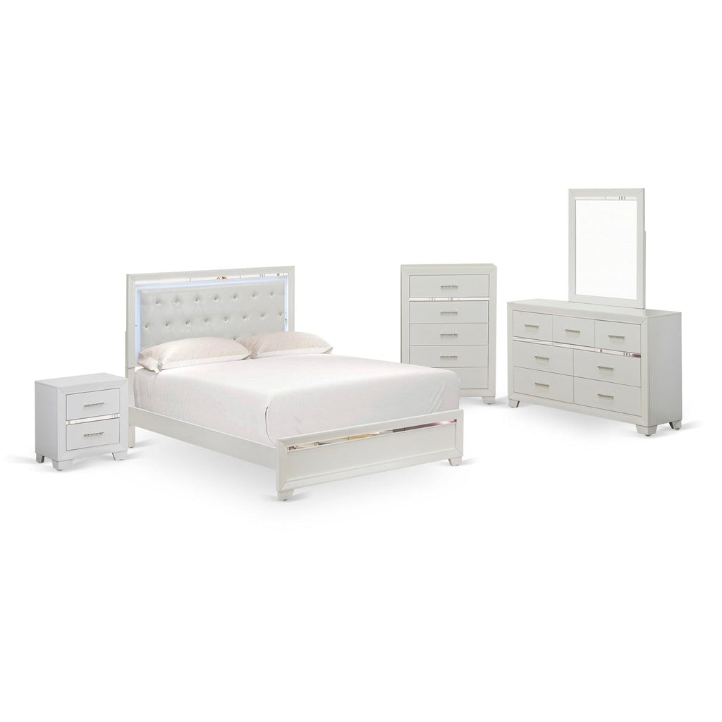 East West Furniture PA05-Q1NDMC Pandora 5-Piece Bedroom Set With a Queen Size Bed 1 Wooden Nightstand, Mid Century Modern Dresser, Small Mirror and Chest Drawer - White Finish