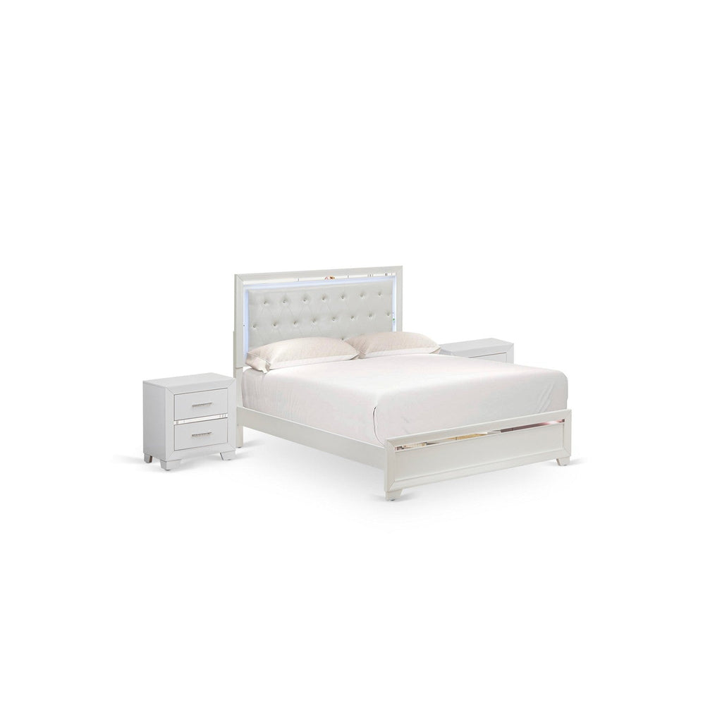 Juego de dormitorio Pandora de 3 piezas East West Furniture PA05-Q2N000 con cama tamaño queen y 2 mesitas de noche modernas de madera, acabado blanco