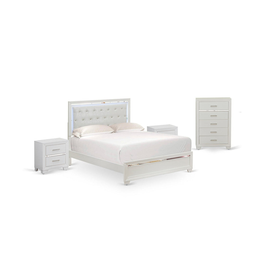 East West Furniture PA05-Q2NC00 Pandora 4-Piece Bedroom Set with a Queen Bed 2 Rectangular Small Nightstand, Mid Century Chest Dresser - White Finish