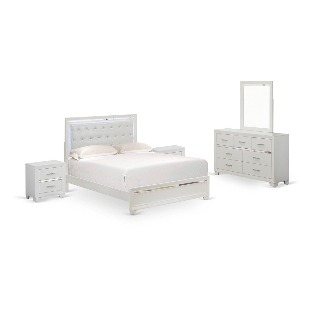 East West Furniture PA05-Q2NDM0 Pandora 5-Piece Queen Bedroom Set with a Bed Frame 2 Nightstand Modern, Bedroom Dressers and Mirror - White Finish