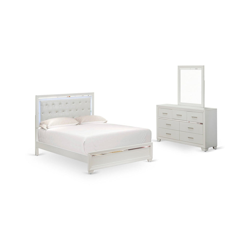 East West Furniture PA05-QDM000 Pandora 3 Pc Wooden Queen Bedroom Set with a Bed Frame 1 Bedroom Dressers and 1 Bedroom Mirror - White Finish