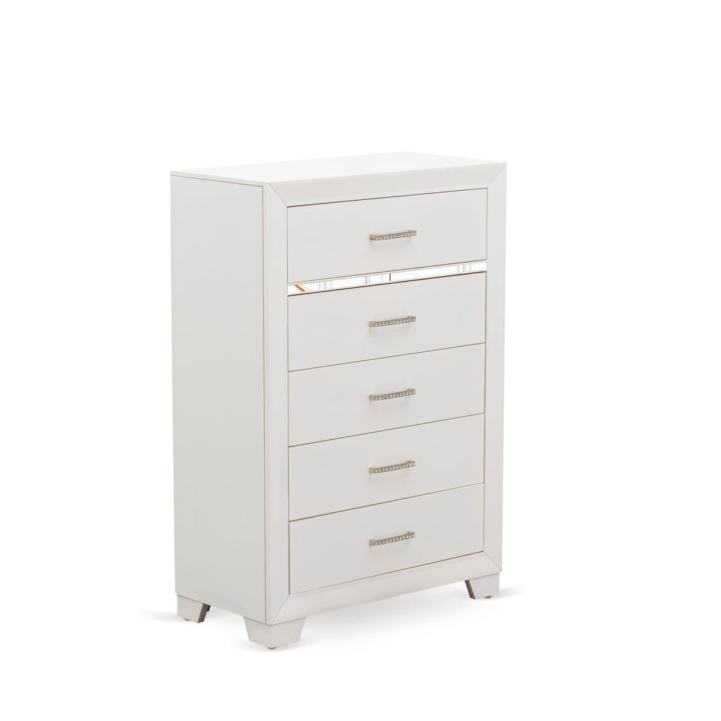 East West Furniture PA05-Q1NC00 Pandora 3-Piece Queen Bedroom Set With a Queen Size Bed 1 Mid Century Nightstand and a Chest Drawers - White Finish