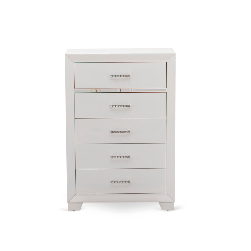 East West Furniture PA05-Q2NC00 Pandora 4-Piece Bedroom Set with a Queen Bed 2 Rectangular Small Nightstand, Mid Century Chest Dresser - White Finish