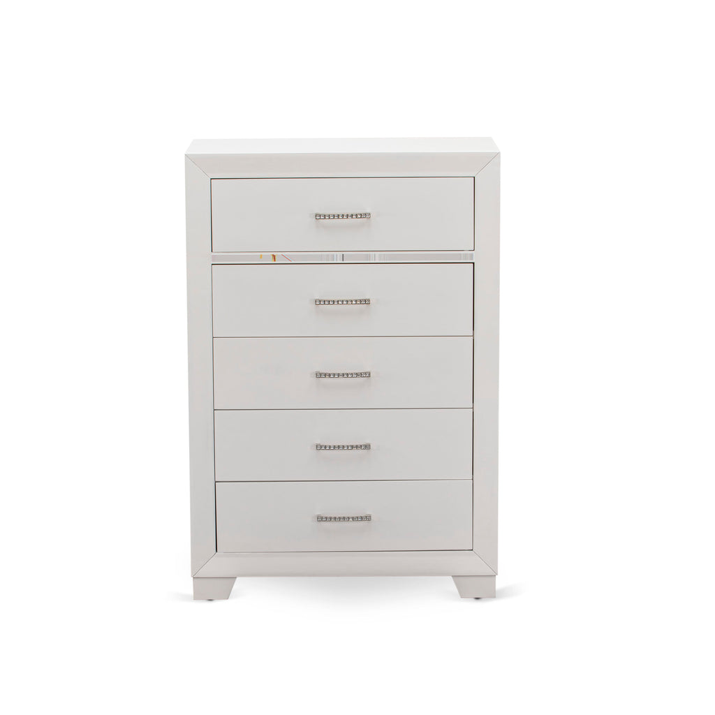 East West Furniture PA05-Q1NC00 Pandora 3-Piece Queen Bedroom Set With a Queen Size Bed 1 Mid Century Nightstand and a Chest Drawers - White Finish