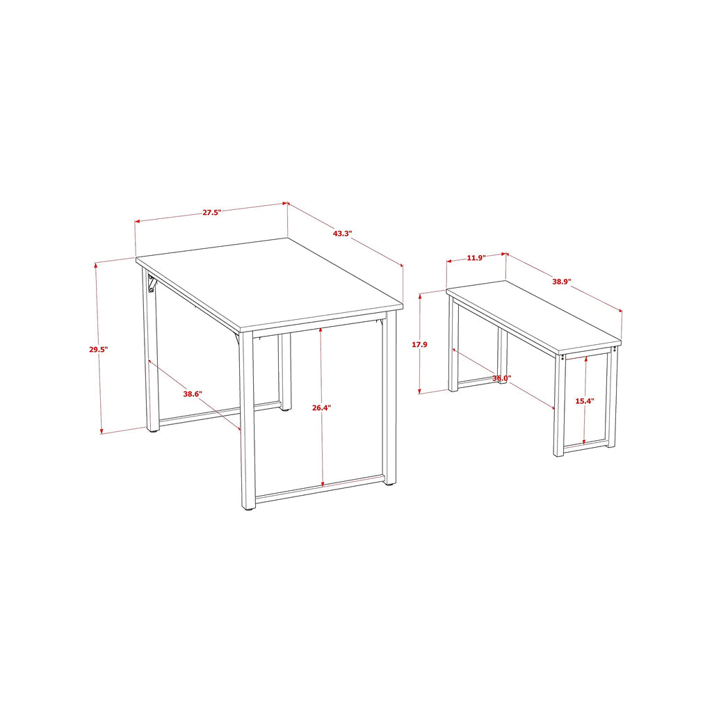Juego de comedor de 3 piezas con estructura de metal PADSB01 de East West Furniture para espacios pequeños. Contiene una mesa rectangular y 2 bancos.