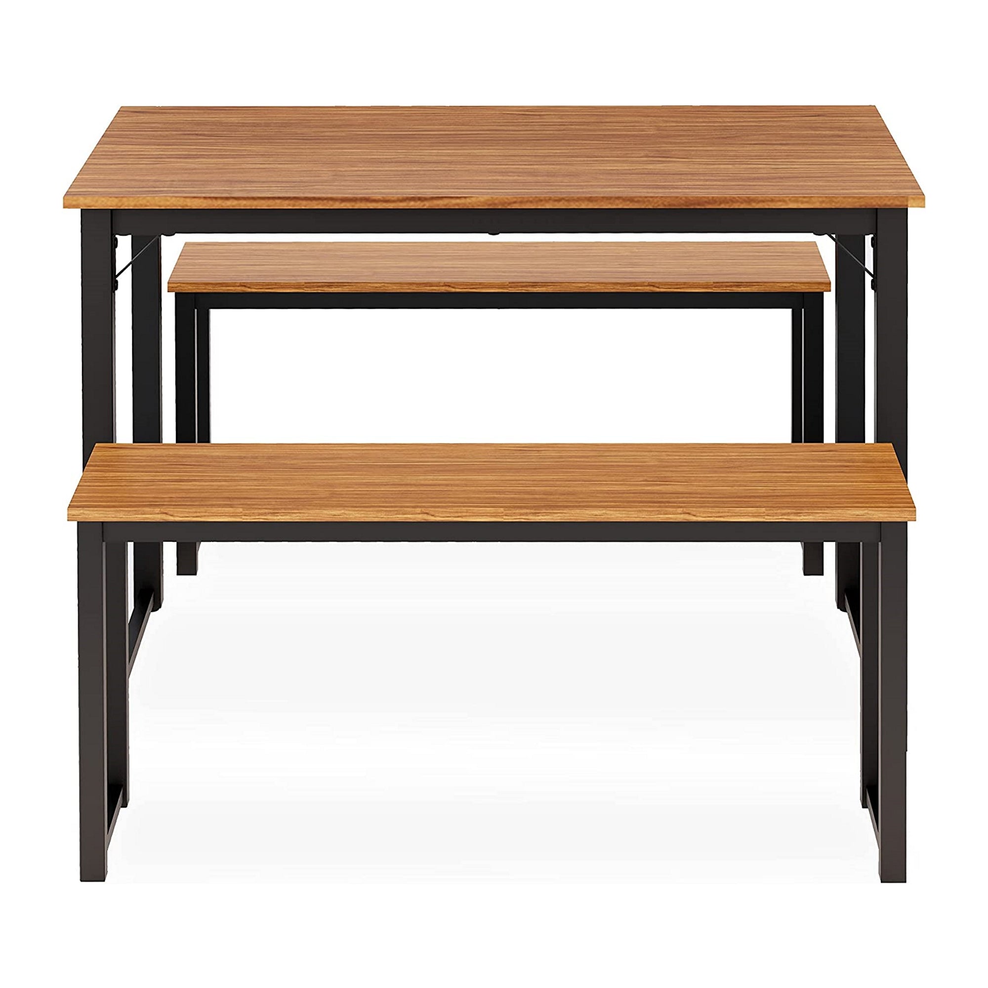 East West Furniture PADSB01 Parmer 3 Piece Kitchen Set - 1 Modern Dining Table and 2 Mid Century Benches - Dining Table & Chairs Set in Powder Coating Black Color and Brown Wood Laminate