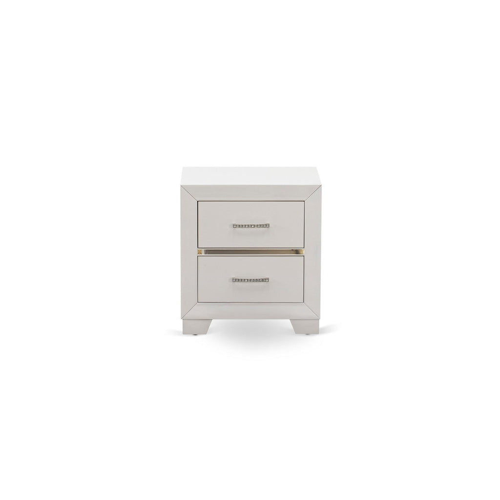 East West Furniture PA05-Q2NDMC Pandora  6-Piece Bedroom Set with a Modern Queen Bed 2 Small Nightstands, Dresser Wood, Mirror and Chester Drawers - White Finish