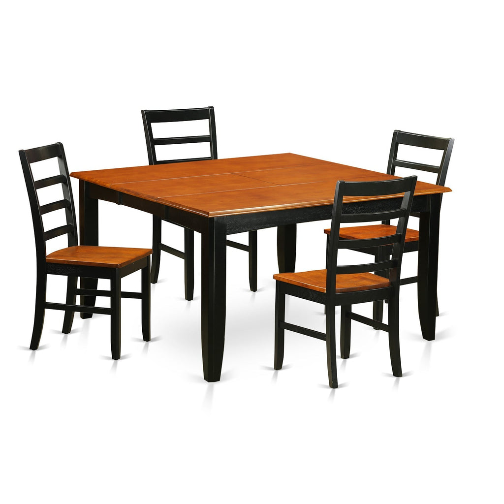 Juego de mesa de comedor moderna de 5 piezas PARF5-BCH-W de East West Furniture. Incluye una mesa cuadrada de madera con hojas de mariposa y 4 sillas de comedor.