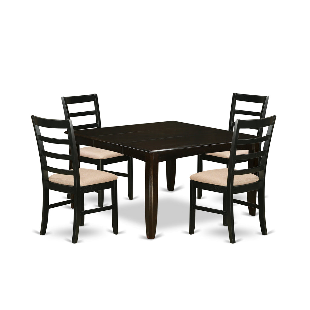 East West Furniture PARF5-CAP-C 5 Piece Dining Table Set for 4 Includes a Square Kitchen Table with Butterfly Leaf and 4 Linen Fabric Kitchen Dining Chairs